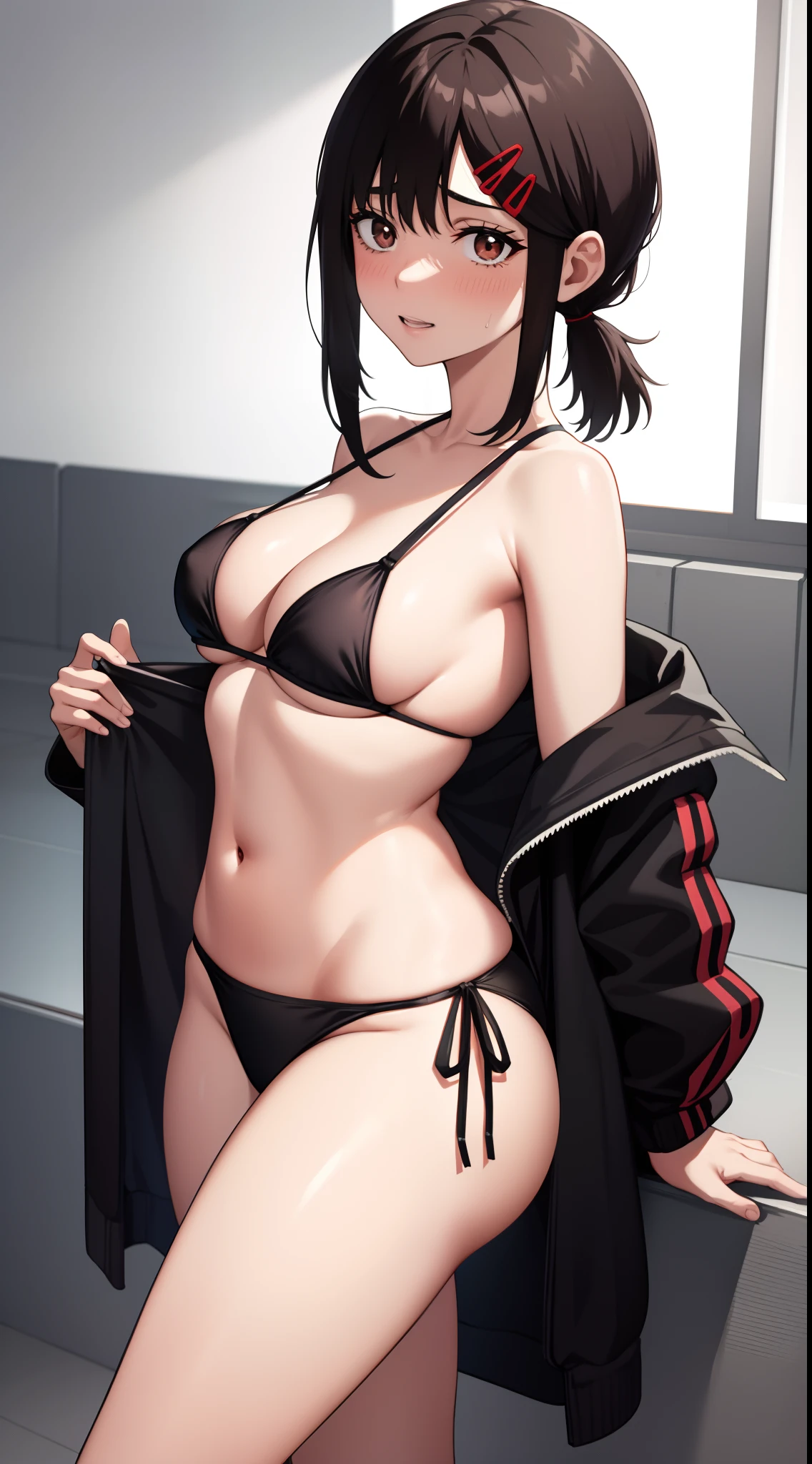 Kobenihigashiyama, kobeni higashiyama, cabello negro, adorno para el cabello, clip para el cabello, Arriba, lunar debajo del ojo, Cola de caballo, pelo corto, brown eyes, bikini, Big ass, Medias sexys, La mejor calidad, High resolution, Unidad 8K Fondo de pantalla,