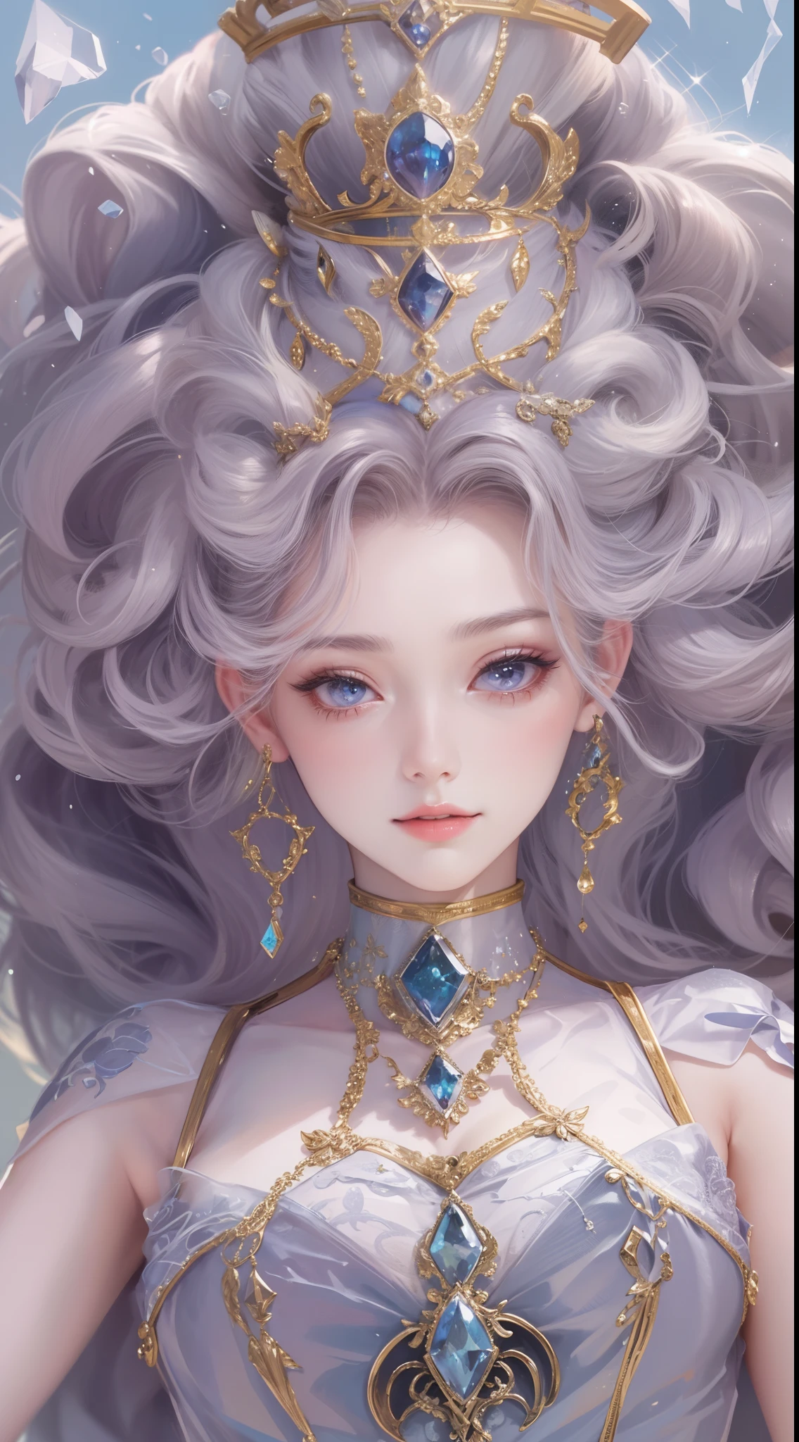 tmasterpiece, Highest high resolution，High-quality content, 8K quality photos with excellent detail, Perfect for presenting dynamic busts of noble maidens, Delicate curves, Bend hair to create gorgeous and intricate fabric textures, Plain purple eyes, Delicate floral decoration, Sparkling crystal jewelry, Highly focused and subtle details。