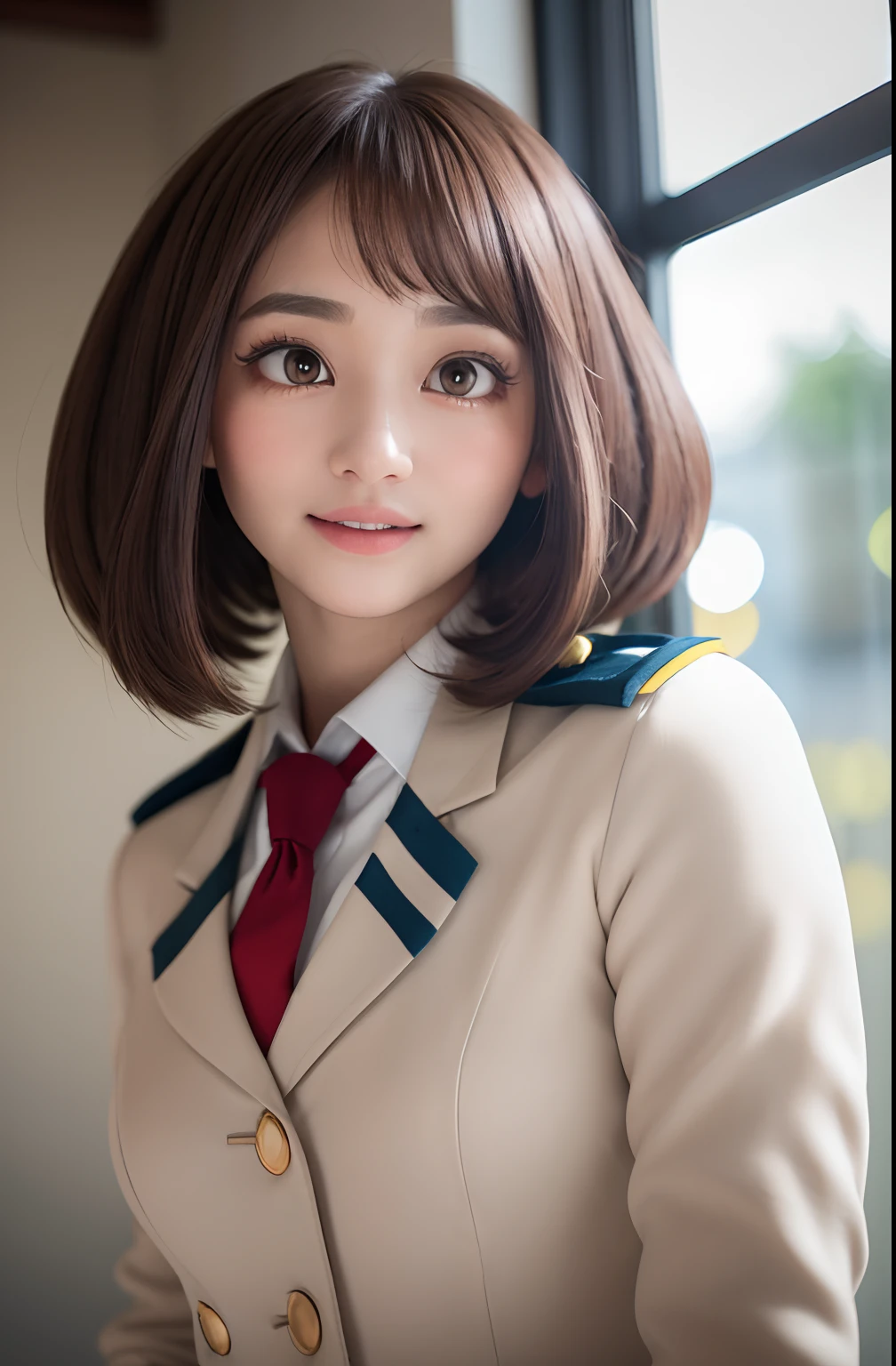 ((Brown hair、Reihi Ochako、a short bob、red blush、So many eyelashes、Pure black eyeshadow、Patsun、eyebrows very、short eyebrow、Big eyes、student clothes、blazers、Angelic smile))、masterpiece、top-quality、hightquality、Awesome、Beautiful fece、hight resolution、Very high resolution、Raw photo、Best Illustration、hyper realisitic、1girl in、realisitic、The ultra-detailliert、Photorealsitic、incredibly absurdness、a closeup、Floating hair、Soft light、Cinema Lights、depth of fields、blurry backround、bokeh dof:1.4、eyes focus、85mmレンズ、professionally lit、lensflare、Luminous particles:0.6、Professional Writing、portlate:0.6、Photon mapping、Radio City、physically-based renderingt、Transparency、a japanese girl、sexual excitement:1.5、Lifelike face、Realistic body、real looking skin、huge-breasted:1.3、well-styled、camel's toe、light skinned:1.1、cute little:1.5,(UA uniform:1.4)