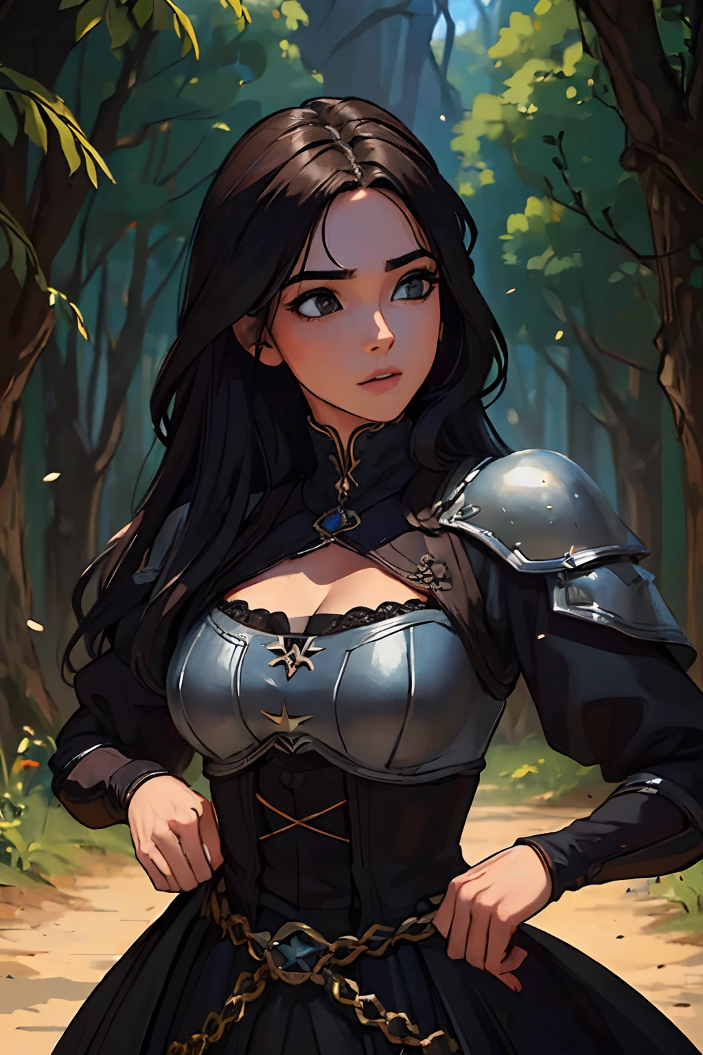 (melhor qualidade,ultra-detalhado,Realistic:1.37),uma mulher bonita com cabelo preto,roupas pretas medievais,em uma floresta escura,olhos azuis