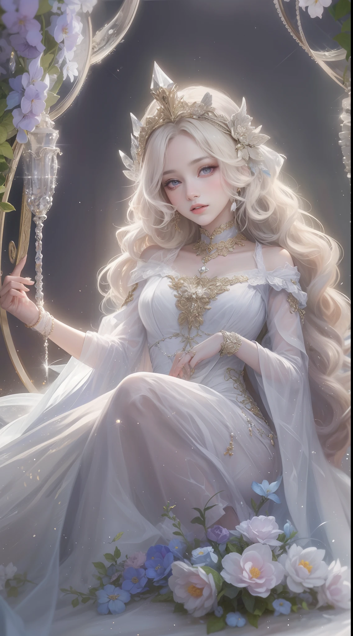tmasterpiece, Highest high resolution，High-quality content, 8K quality photos with excellent detail, Perfect for presenting dynamic busts of noble maidens, Delicate curves, Bend hair to create gorgeous and intricate fabric textures, Plain purple eyes, Delicate floral decoration, Sparkling crystal jewelry, Highly focused and subtle details。