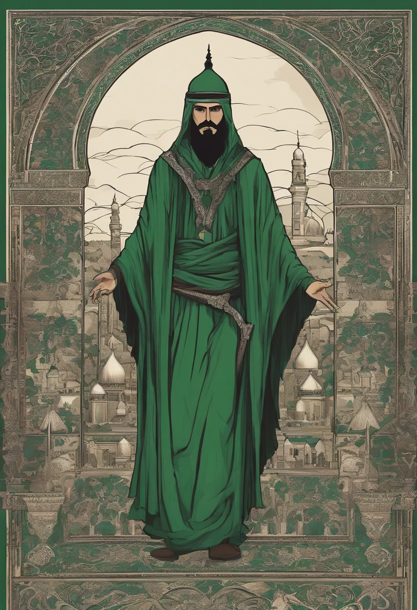 An arabian man with green robe standing on a rock opened his hands and telling parables in a crowd, mosque, 1400 years ago, Islamic elements, extremely detailed
