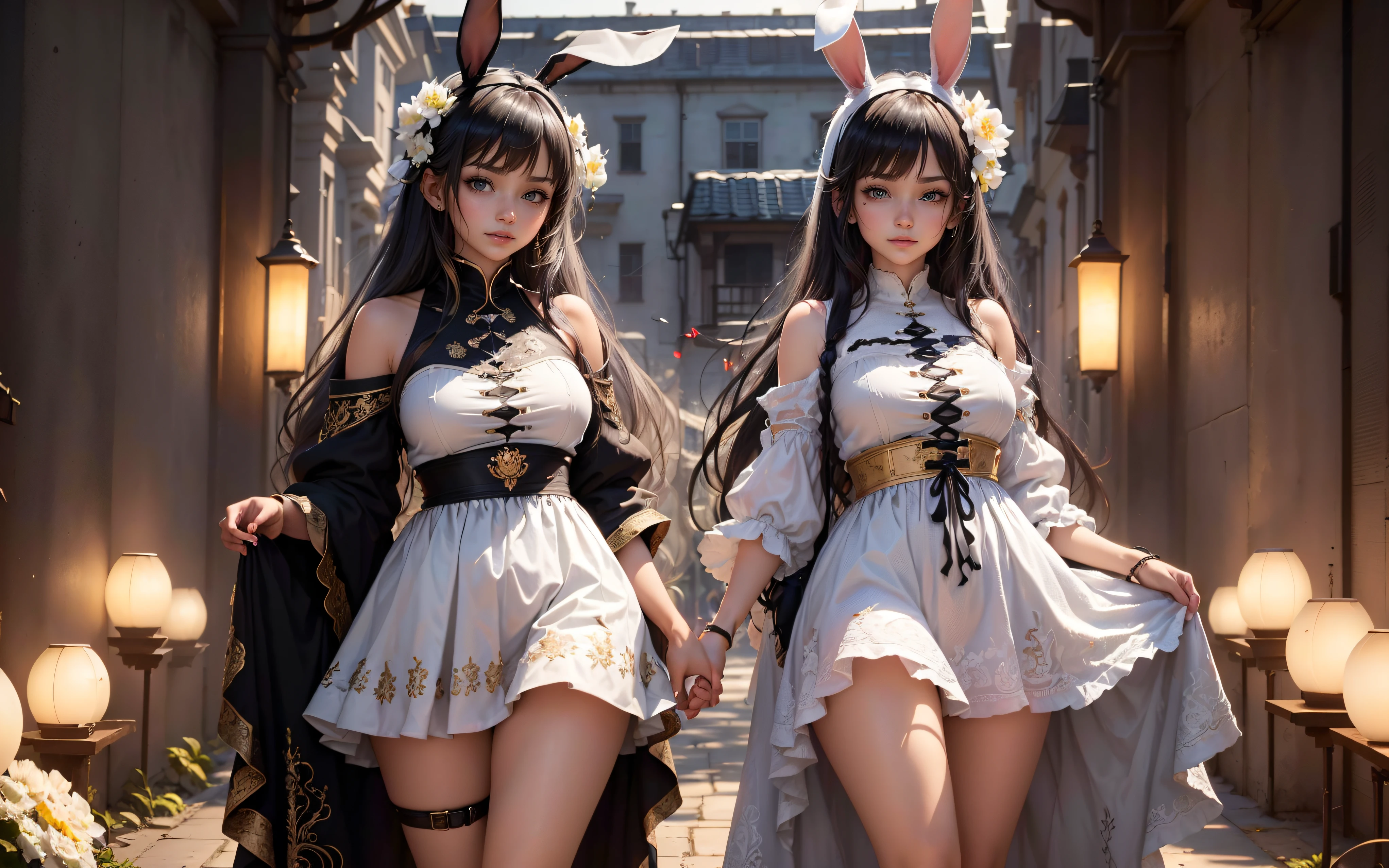 (Best picture quality, 8K, masterpiece: 1.3)), ((Cute girl Face, Both Eyes same)), ((One Girl, Bunny Girl, Bunny Ears, , Slightly Skinny, Short Hairs, Two legs)), ((Hide Fingers)), ((Cover Upper Part of Leg, Cover Thigh)), ((Perfect Face, Perfect Eyes, Bangs, Slim Cheeks, Perfect Lips)), ((Highly detailed face, Smile, standing on your feet:1.2)), ((Highly detailed facial and skin texture)), (Black hair), (Full traditional clothes, wearing full clothes), (cute), (anime girl in a dress, magic, full dress, Long skirt, artwork, fantasy art style, art, closeup fantasy, Power Full, CGI anime fantasy artwork, art)