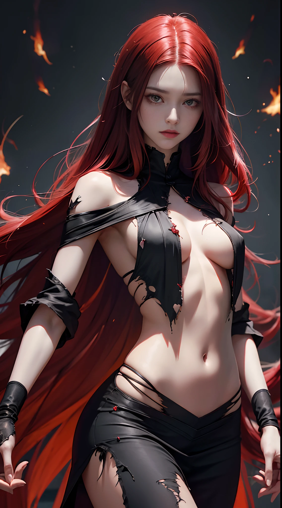 (Best Quality,4K,High resolution), 18yo woman, Red mesh hair on black hair, Long hair, Straight hair, , Comical appearance,(Best Quality,4K,High resolution), 18yo woman, Red highlights on black hair, Long hair, Straight hair, Transforming Woman,An abnormal,Cold eyes ,sharp eye,distressed look,Red glowing eyes,Facial expression enhancement,,Changing the Appearance of a Transform,beast,Beastification,Evil Fight,buttle,Delicate illustrations drawn in detail,Torn clothes with decoration,Disheveled clothes,Realistic portrayal,Vibrant colors,expresive,Classic background