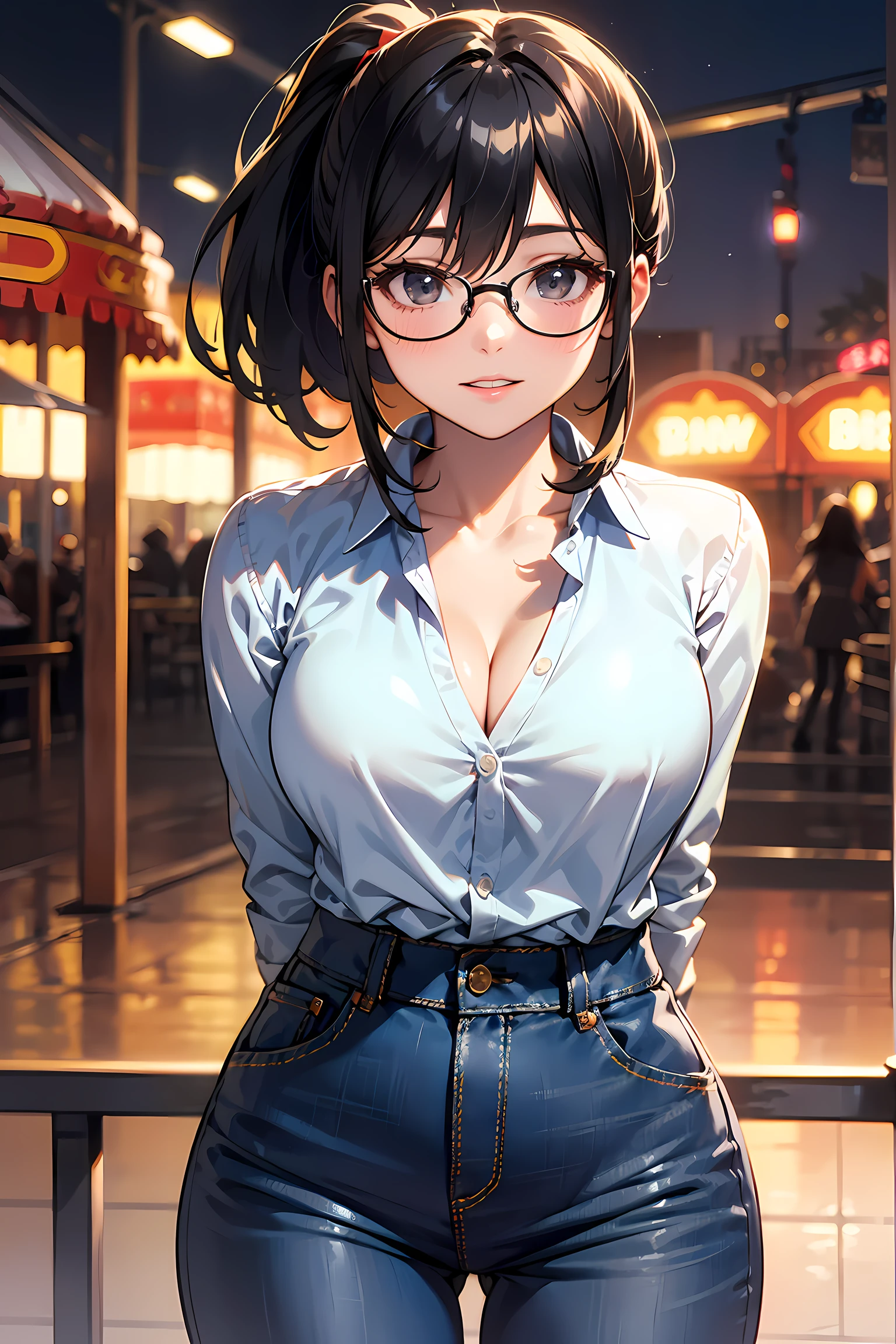 high resolution, Photo of a beautiful woman detailed_face, young handsome girl,realistic:0.5, perfect skin, (wearing a glasses:1.5), (ultra-detailed background, detailed background), bokeh, make happy expressions, happy emotion, gorgeous,pure, beautyfull detailed face and eyes,breasts, (black eyes:1.1), (a extremely pretty and beautiful Japanese woman), (sexy girl), (professional attire:1.3), (22 years old: 1.1), BREAK, (lovely outfit:1.2), (detailed blue collared shirt:1.2), (skinny denim pants:1.2), (leather boots))), cleavage, beautiful detailed skin, (cute:1.2), (black hair), ((jpop idol)), (upper thigh:0.6), (depth of field),soft light, Lens Glow looking at viewer, (Drooping eyes:1.2), straight teeth,smile, floating hair, (black hair:1.2), brown eyes BREAK movie scene, cinematic, full colors, 4k, 8k, 16k, RAW photo, masterpiece, professionally color graded, professional photography, high school girl, hair up, , soft clean focus, realistic lighting and shading, (an extremely delicate and beautiful art)1.3, elegant,active angle,dynamism pose BREAK (ponytail:1.3), (shiny-black thin hair:1.2), bangs, dark brown eyes, beautiful eyes, princess eyes, (big eyes:1.3), bangs, wearing a glasses:1.3, Hair between eyes, short hair:1.3, (slender:1.1), (medium-breasts:0.95), (thin waist: 1.15), (detailed beautiful girl: 1.4), Parted lips, Red lips, full-make-up face, (shiny skin), ((Perfect Female Body)), (upper body image:1.3), Perfect Anatomy, Perfect Proportions, (most beautiful Korean actress face:1.3, extremely cute and beautiful Japanese actress face:1.3), ,(1glasses girl:1.3, solo), ,(blush:1.1), gray background, solo focus, (bust shot:1.2), cinematic light, (nostalgic night scene:1.4), (amusement park:1.4), (merry-go-round、the Ferris wheel、rollercoaster), (arms behind back :1.4), (looking at viewer:1.2