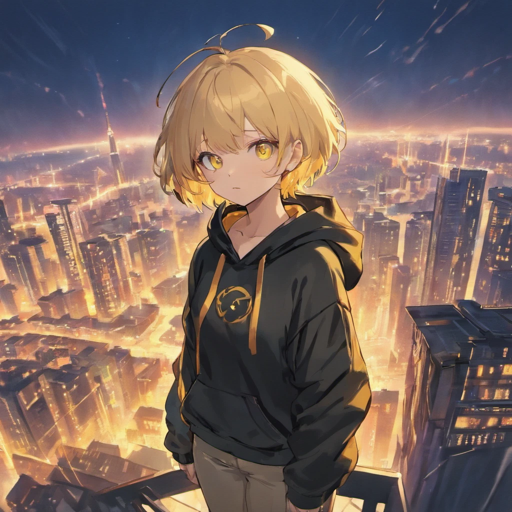 adult, woman, blonde short hair, yellow eyes, wearing long pants, black hoodie, denim long, using lightning magic, on top of the building, high res, ultrasharp, 8K, masterpiece, looking at viewer