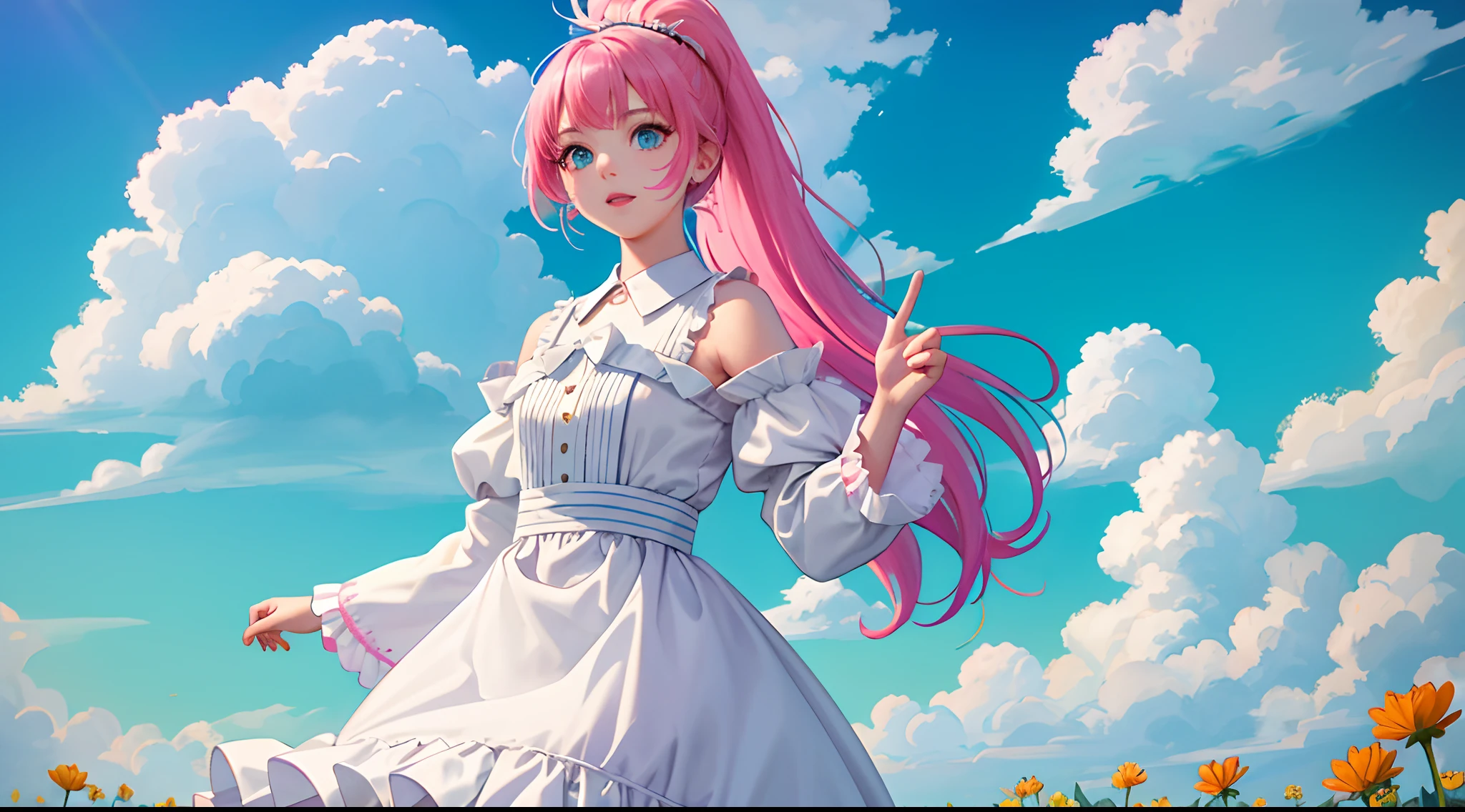 （Pink fashion T-shirt：1.9），（Colorful hair：1.8），（Rainbow all colors：1.8），（（（（Horizontal drawing：1.6)）），（painting of a：1.6），frontage，One  Girl， ssmile， Blushlush，with brown eye， Pink Long Hair， With a double ponytail，white headgear， brownfootwear， white legwear， Bow knot， Green collared dress， longer sleeves， White ruffled apron，Brown cross-body bag on the back， full bodyesbian， standing on your feet， flor branca， tulips， Pink flowers， Daisies， trpical garden， rays of sunshine， scenecy，(rainbow colour hair：1.6), color splash, （solo：1.8）, color splash, color explosion, colour splash, color explosion, Thick lacquer style，Messy lines，((shining)) ，(colorful), (colorful), (colorful), colorful, Thick Paint Style, (Splash) (Color Splash), Vertical Painting, Upper Body, Paint Splash, Acrylic Pigment, Gradient, Paint, Highest Image Quality, Highest image quality, Masterpiece, Solo, Depth of Field, Face Paint, colorful clothes, (ellegance: 1.2), opulent, long whitr hair, ventania, (ellegance: 1.3), (petals: 1.4)，(((masterpiece))),(((Best quality at best))),((ultra - detailed)),(illustratio),(dynamic angle),((floatking)),(Paintwork),((Loose hair)),(solo),(1girl) , (( (Detailed anima face))),((Beautiful detailed face)),collars,exposed bare shoulders,whaite hair,((The color hair)),((Striped hair)),Beautiful detailed eyes,(Gradient color eyes),(( （Colored eyes））），（（（coloured background））），（（（high saturated））），（（（Surrounded by colorful splashes））），
