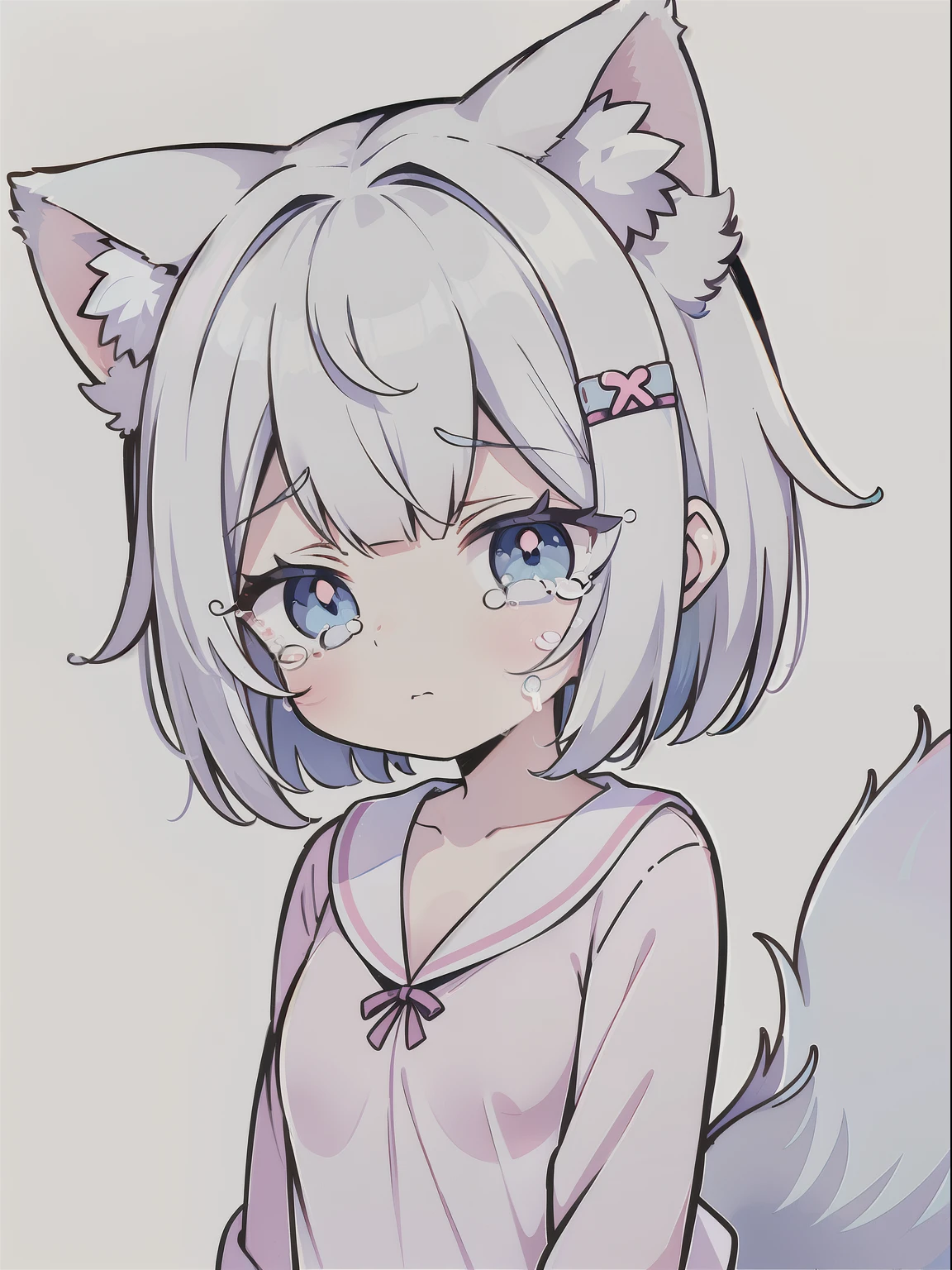 High quality, 1girl, ((((Candy Candy anime style)))), (wolf girl, wolf ears, wolf tail), animal ears, animal tail, ((((short hair)))), ((silver white hair)), hair clip, ((hair tap eye)), ((blue eyes)), long eyeslashes, eyeliner, (((small breasts, old pijama))), ((sleepy, tears of slesp, pillos un hand)), ((worried, sad expression, mellancholic look, blue eyes)), (white background), closed_mouth, blush, eyelashes, detailed shadows, detailed body, detailed eyes, detailed lines, (((chibi style, anime coloring, 4K))).