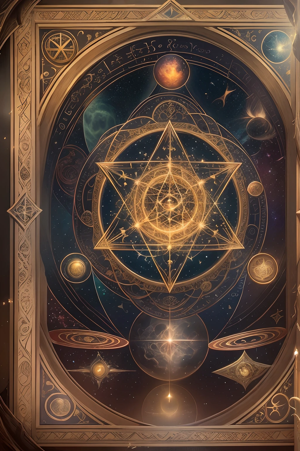 (best quality,ultra-detailed),(realistic,photorealistic:1.37),ancient magical,medieval occult,mysterious fortune-teller,mysterious hermit,detailed stars and constellations,pentagram,magic,symmetry,mathematics,renaissance,esoteric rituals,mystery components,hidden knowledge,mystical symbols,ethereal atmosphere,magical aura,golden proportions,magical spellbinding,enchanted ambiance,meditative state of mind,secret ceremonies,cosmic alignment,magical transformations,astrological forecasts,spellbinding melodies,wisdom of the ancients,harmonious balance between light and dark,divine connection,secrets of the universe,sacred geometry,supernatural energies,astral projections,ophthalmomancy,celestial guidance,alluring mysteries,spell-casting rituals,interplay of shadows and light,occult significance,transcendent experience,dimensional portals,alchemy,embrace of the unknown,metaphysical insights,mystic engravings.