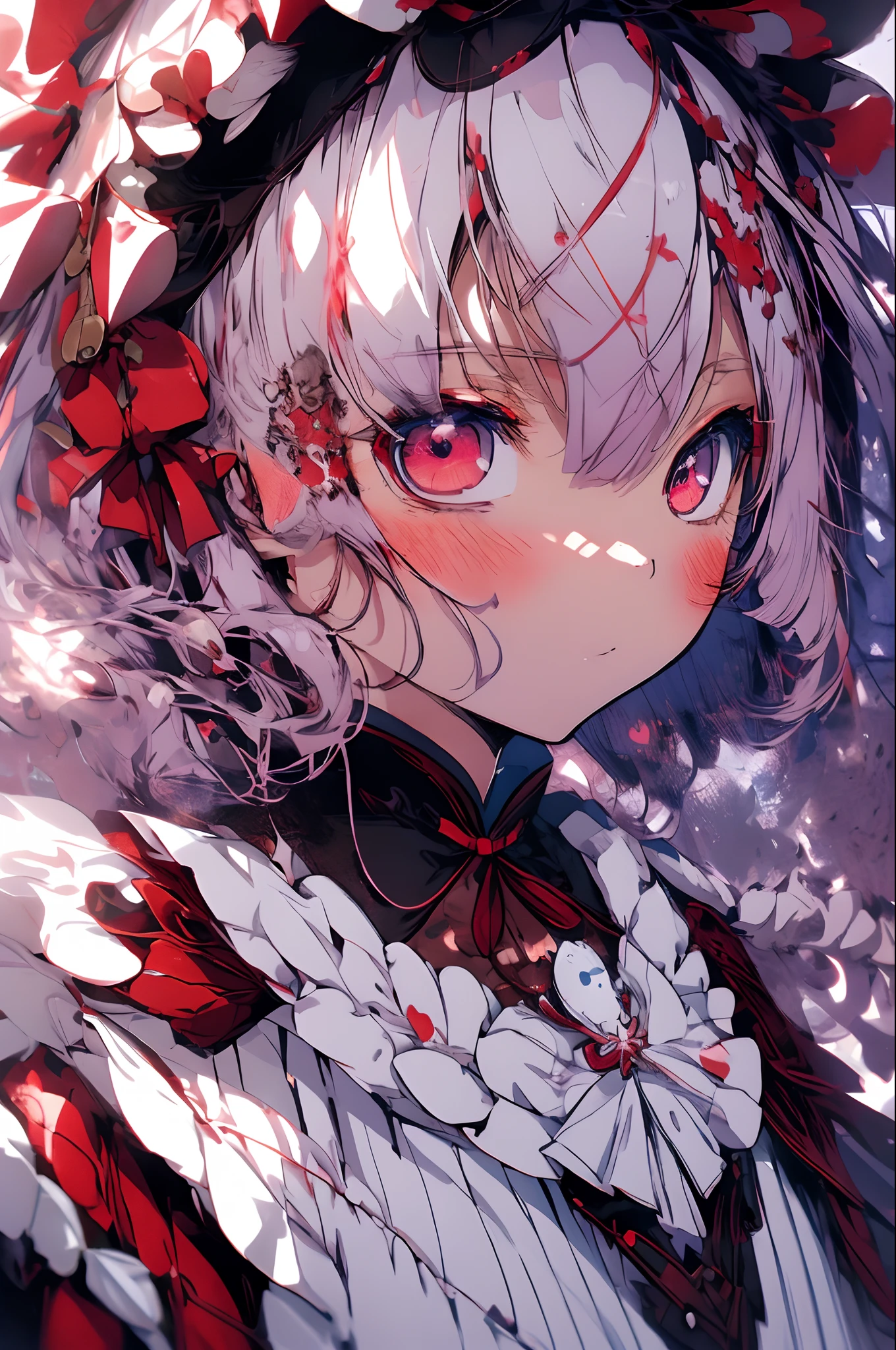 beautiful illustration, best quality, cute petit girl, (transform sequence), transform magical girl, chibi, white magical girl, fractal art, albino, babyface, long pure white and red mesh hair, beautiful detailed red eyes, cinematic lighting, cowboy shot, looking at viewer, from bottom, happy