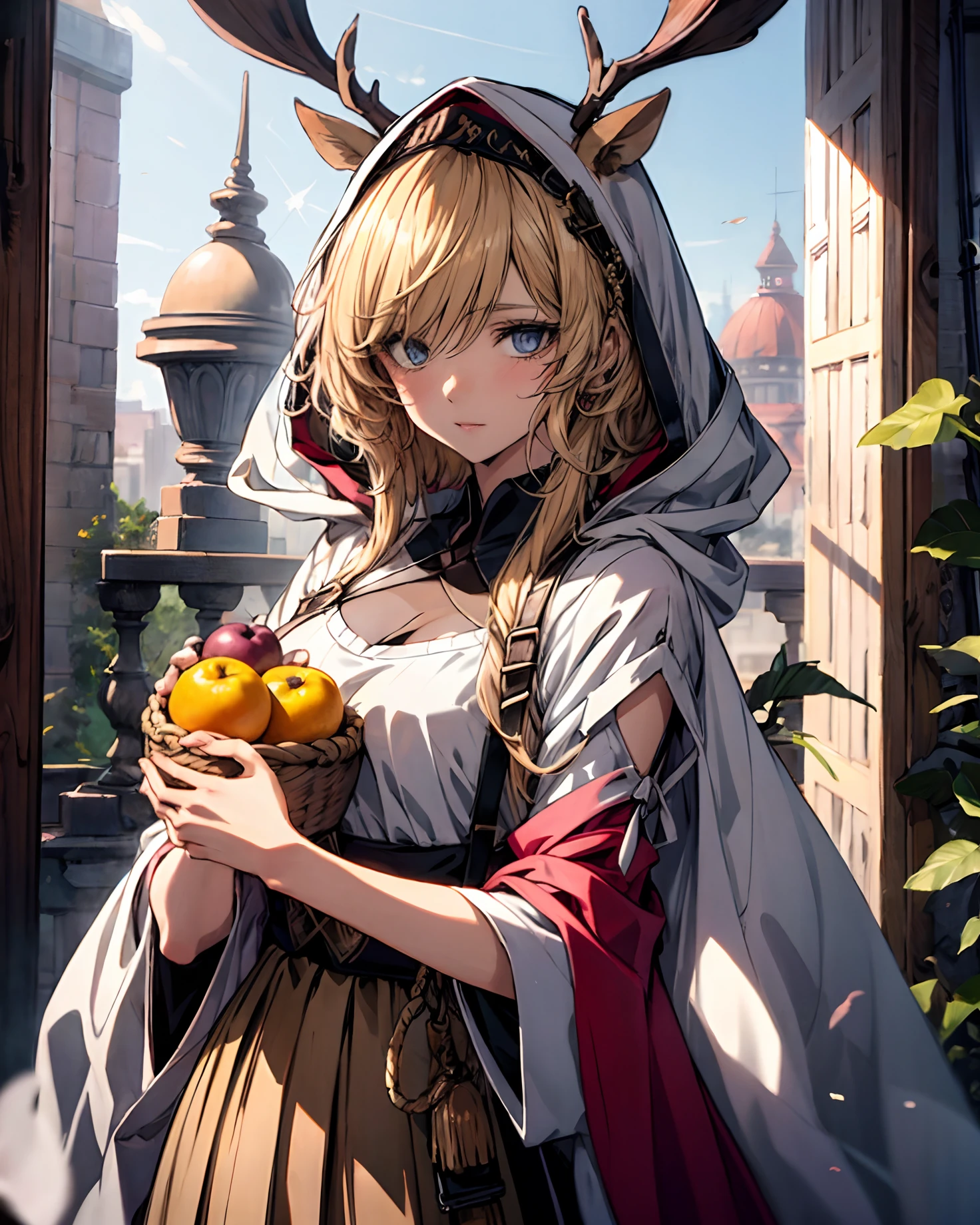 A woman in traditional dress holds a basket of fruit, Bohemian style | | very anime!!!, Guviz-style artwork, Detailed digital anime art, offcial art, detailed anime art, clean and meticulous anime art, Beautiful anime artwork, Beautiful anime art, Detailed anime artwork, Guviz, Traditional beauty, beautiful anime art style, Oriental art style
