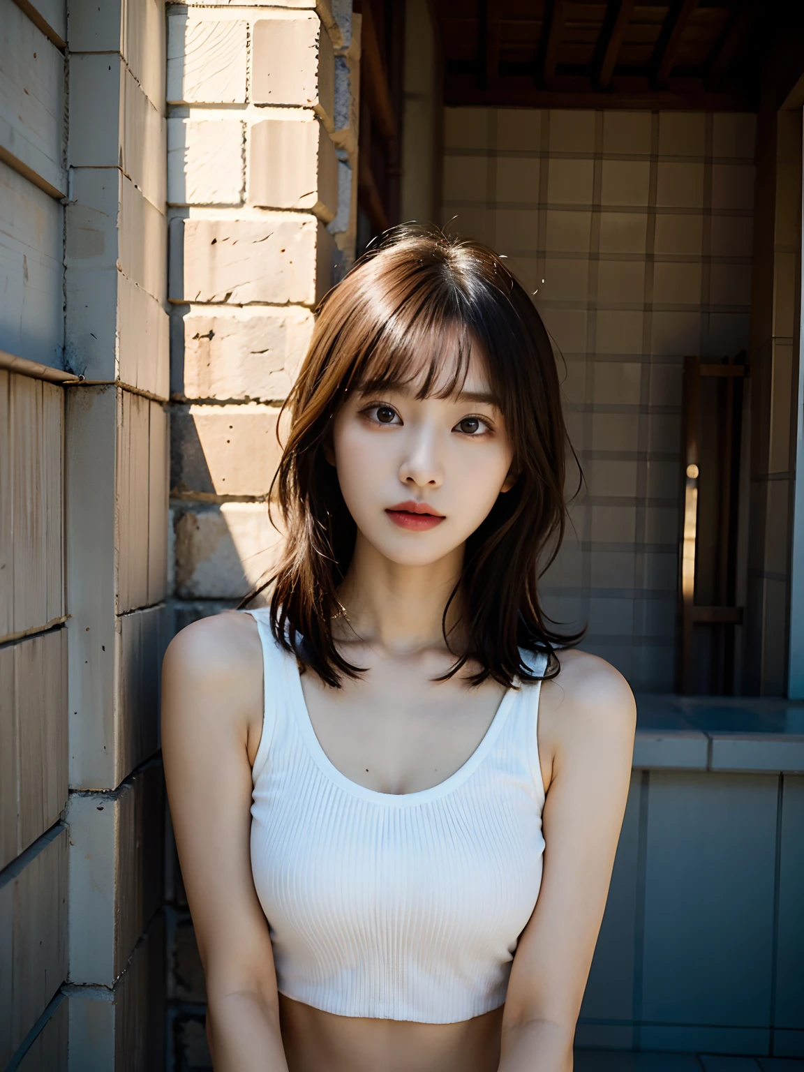 araffe asian woman in a yellow top leaning against a brick wall, open v chest clothes, korean girl, gorgeous young korean woman, beautiful south korean woman, halter top, halter-top, wearing a sexy cropped top, beautiful young korean woman, beautiful asian girl, halter neck, sakimichan, japanese model, sexy girl, korean women's fashion model, young yewomen young 15 years ol