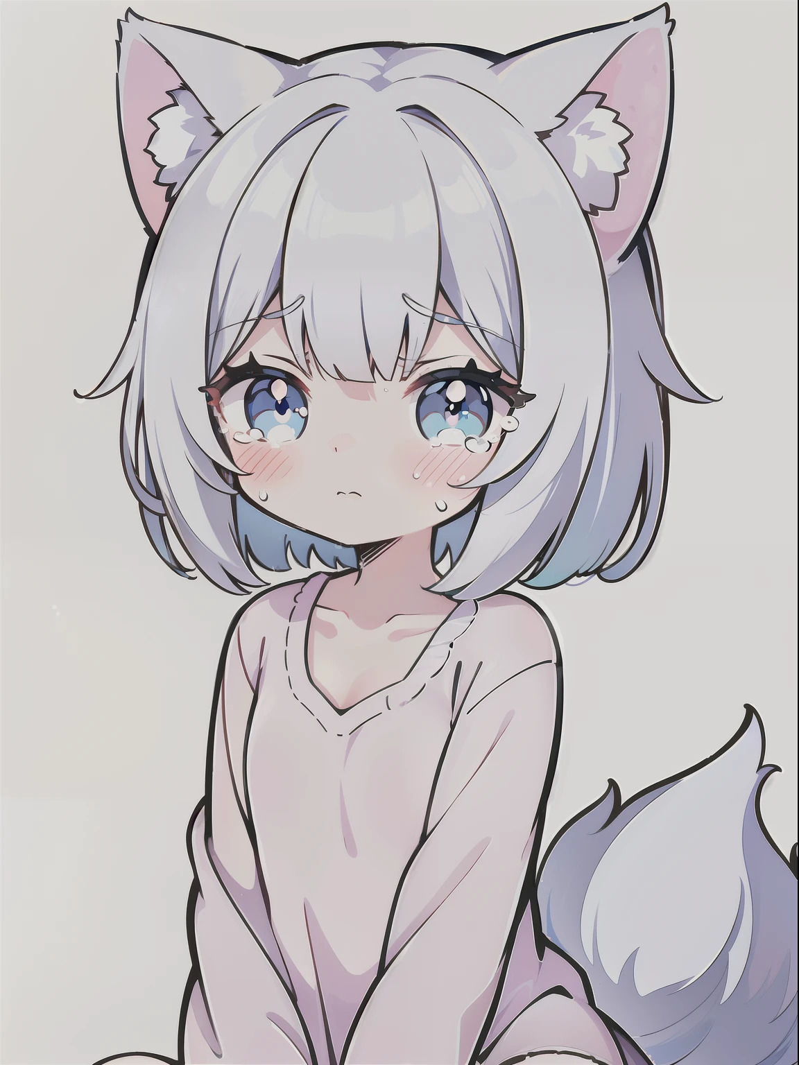 High quality, 1girl, ((((Candy Candy anime style)))), (wolf girl, wolf ears, wolf tail), animal ears, animal tail, ((((short hair)))), ((silver white hair)), hair clip, ((hair tap eye)), ((blue eyes)), long eyeslashes, eyeliner, (((small breasts, old pijama))), ((sleepy, tears of slesp, pillos un hand)), ((worried, sad expression, mellancholic look, blue eyes)), (white background), closed_mouth, blush, eyelashes, detailed shadows, detailed body, detailed eyes, detailed lines, (((chibi style, anime coloring, 4K))).