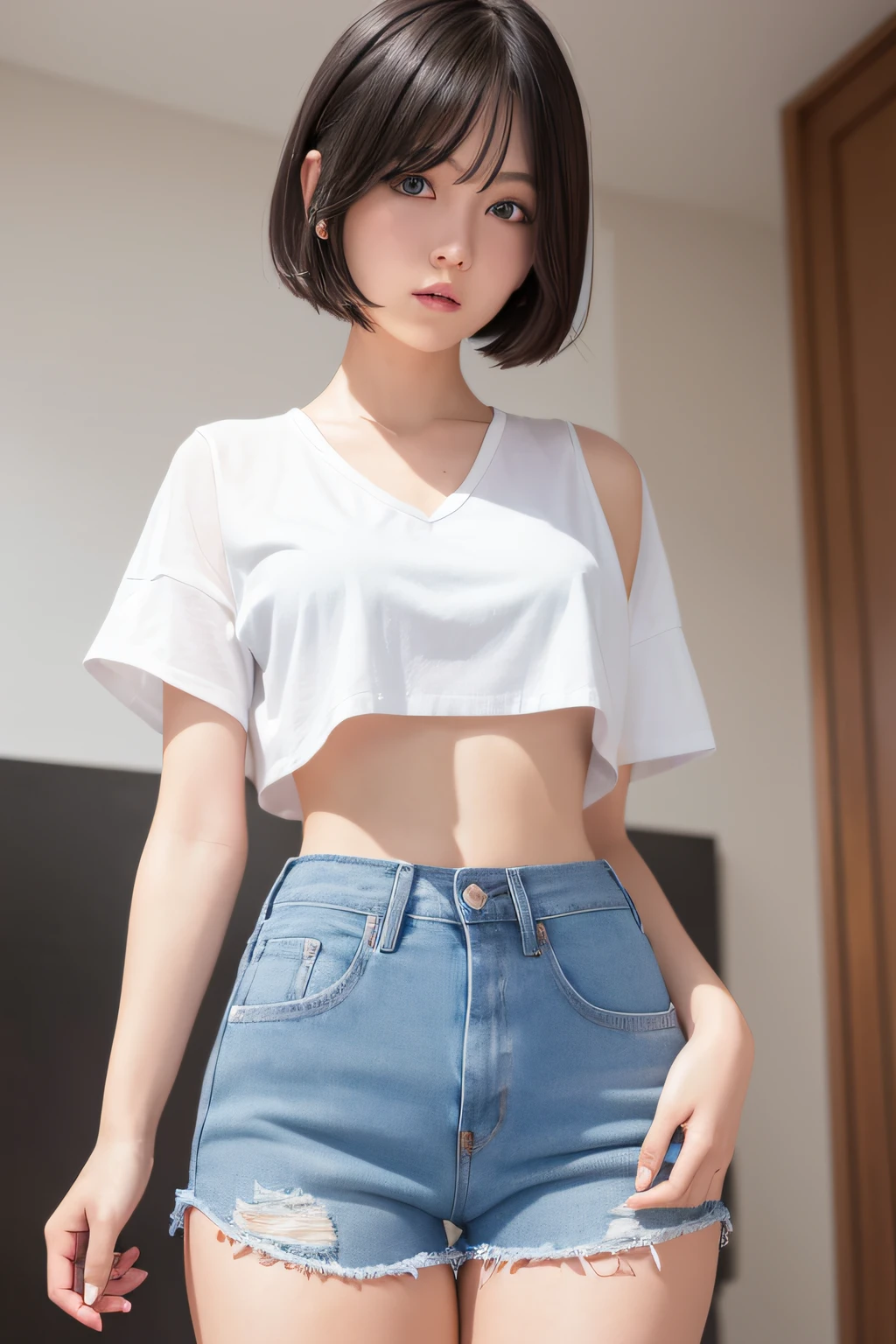 1 Girl, short dark hair, Blue Eyes, Wearing a white crop tee, Denim shorts, daoshi,UltraSharp, 8K, Masterpiece,Camera view