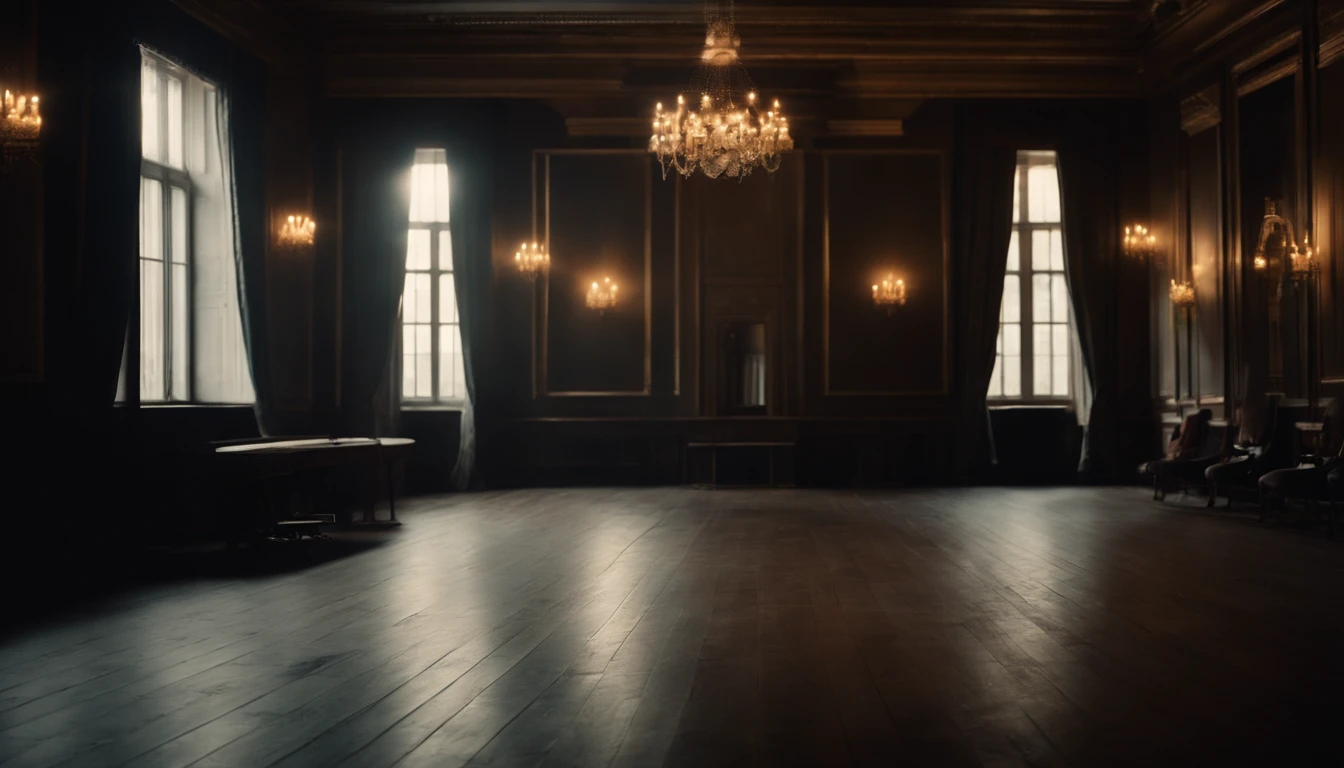 Create a ballroom with enigmatic symbols, dark tone and party room with abandoned and mysterious aspect