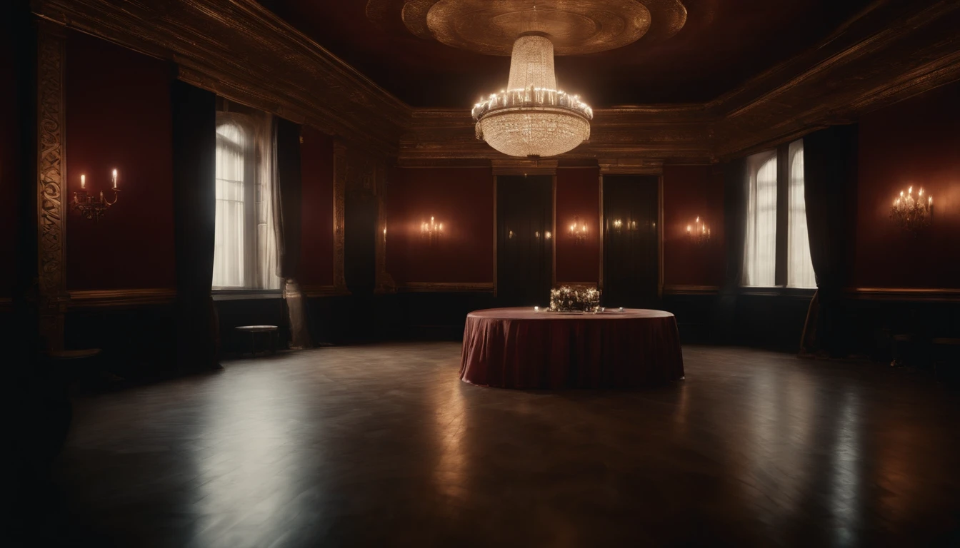 Create a ballroom with enigmatic symbols, dark tone and party room with abandoned and mysterious aspect