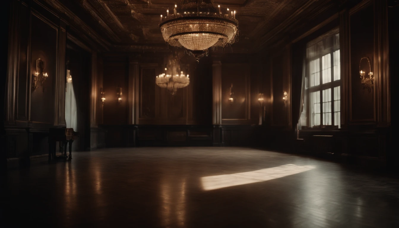 Create a ballroom with enigmatic symbols, dark tone and party room with abandoned and mysterious aspect