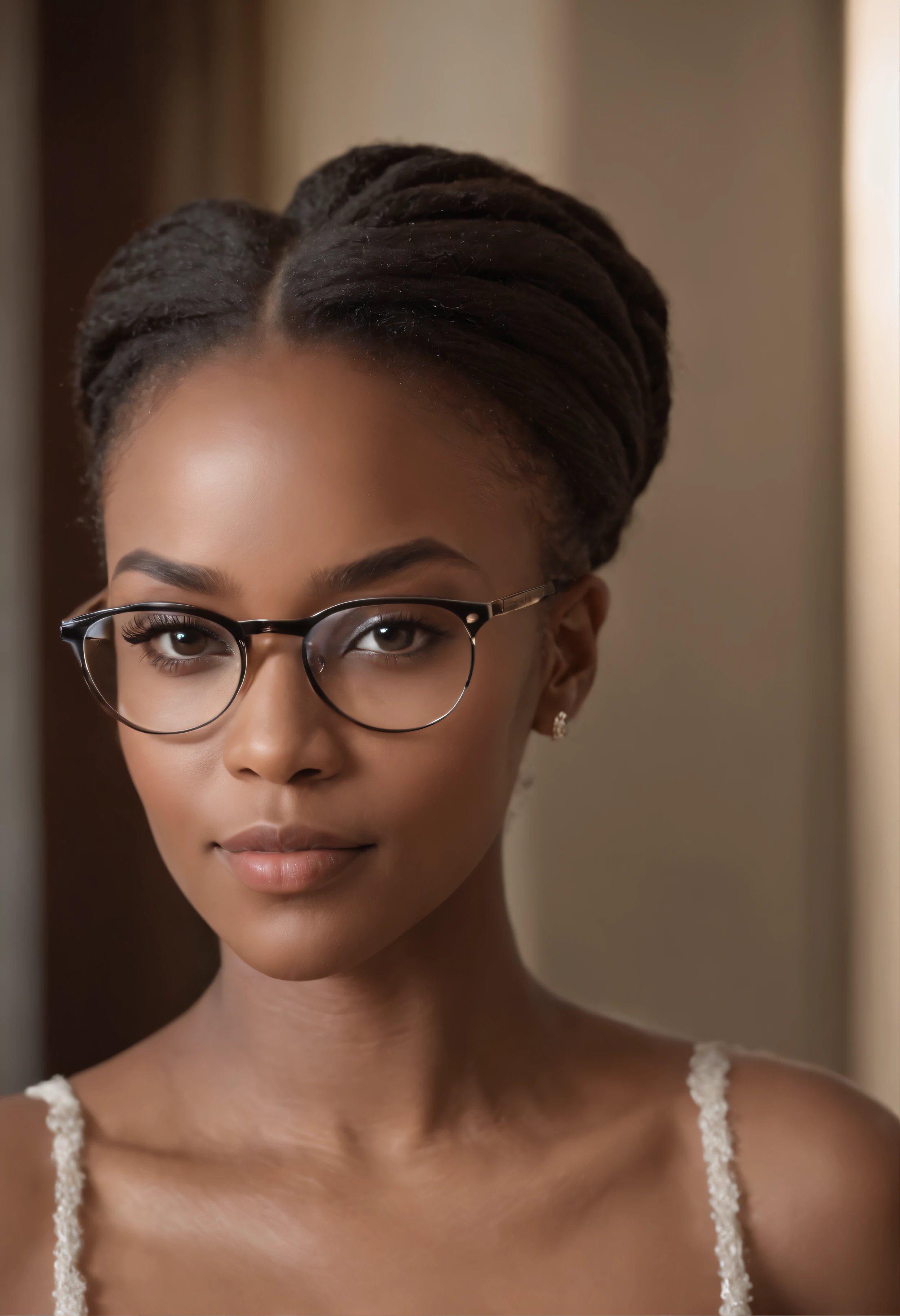 ((Best quality)), ((Hyper-resolution)), ((photoreallistic:1.1)), (Complex details), African-American woman, Un corps complet, robe blanche longue, Very beautiful and elegant African-American woman, 30 I,55 kg, sexy, Cheveux noir de jais, couleur de cheveux noirs, cheveux parfaits, Strands of fine hair, detail in the face, dans un bureau, Wear schoolgirl glasses, video