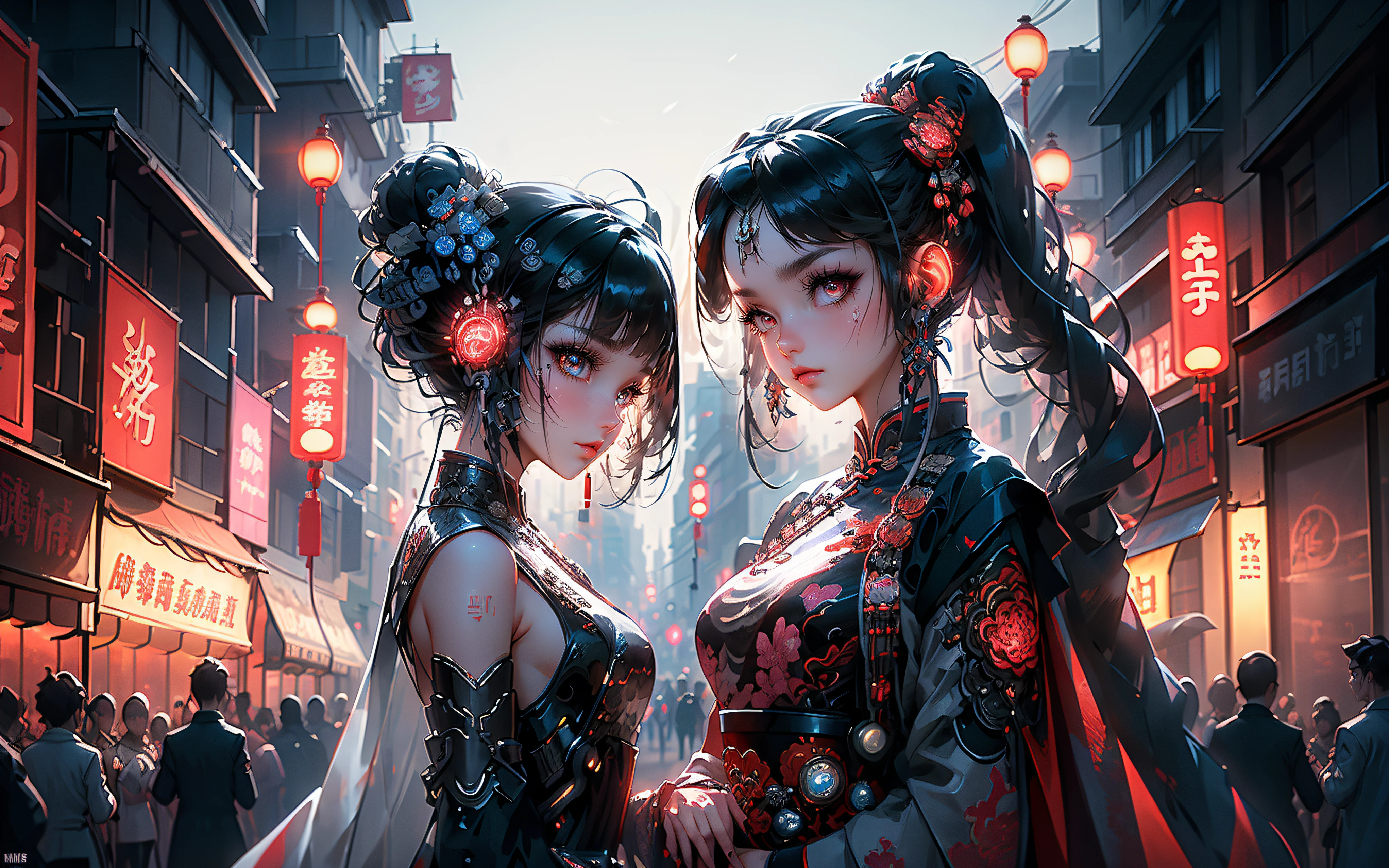 (Very Fine Detail, High contrast, physics-based rendering, Best Composition, Cyberpunk character Style, Dynamic Styling), ((Two girl, Eyeshadow, Makeup, Long Hair, Black Hair, Detailed Big Eyes, Perfect eyes, Full Small lips, Red lips)), (looking at the audience, blush,, long hair :1.3)), upper body, (standing), (Hair accessories :1.1), headwear, Chinese cheongsam, blue and pink cheongsam, (Cyberpunk Light :1.1), (the background is a traditional Chinese street, City Street, Paper Lanterns, Neon), Ultra high resolution, (Slim:1.2), (dramatic lighting, vibrant detail, Deluxe Cyberpunk, 8k, best quality, masterpieces, extremely delicate and beautiful, Very detailed, CG, wallpaper), (realistic, realistic :1.37), Amazing, fine detail, masterpiece, best quality, official art)