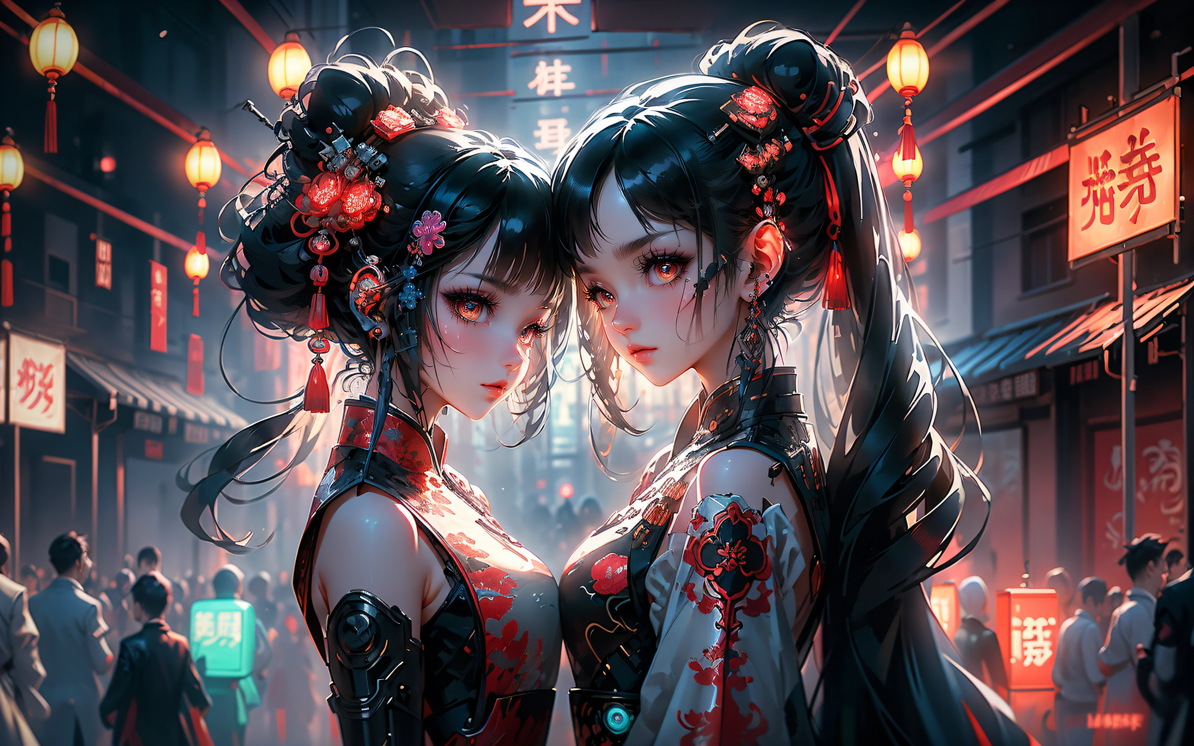 (Very Fine Detail, High contrast, physics-based rendering, Best Composition, Cyberpunk character Style, Dynamic Styling), ((Two girl, Eyeshadow, Makeup, Long Hair, Black Hair, Detailed Big Eyes, Perfect eyes, Full Small lips, Red lips)), (looking at the audience, blush,, long hair :1.3)), upper body, (standing), (Hair accessories :1.1), headwear, Chinese cheongsam, blue and pink cheongsam, (Cyberpunk Light :1.1), (the background is a traditional Chinese street, City Street, Paper Lanterns, Neon), Ultra high resolution, (Slim:1.2), (dramatic lighting, vibrant detail, Deluxe Cyberpunk, 8k, best quality, masterpieces, extremely delicate and beautiful, Very detailed, CG, wallpaper), (realistic, realistic :1.37), Amazing, fine detail, masterpiece, best quality, official art)