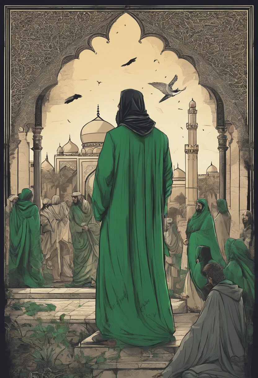 An arabian man with green robe standing on a rock opened his hands and telling parables in a crowd, mosque, 1400 years ago, Islamic elements, extremely detailed