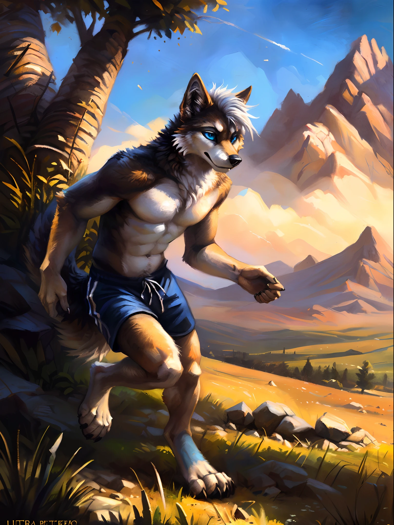 ((Solo)), male people, anthro wolf, (Multi-colored fur, White-brown:1.3), ((Wolf face, White hair, Big eyes, White eyelids, Blue pupil, Slim:1.2) (Tough, Calm expression:1.2)), Abs, Slim, pinging)), (Correct anatomy), (Work shorts:1.1), (Contour bone:1.2), The upper body is naked, (detailed outfits),A big tail，Feet，(Realistic fur, Detailed fur texture, labeled:1.3)), (Natural lighting), Photorealistic, Hyperrealistic, ultradetailed, by Kenket，Endless grasslands，No buildings，erect through，Running on