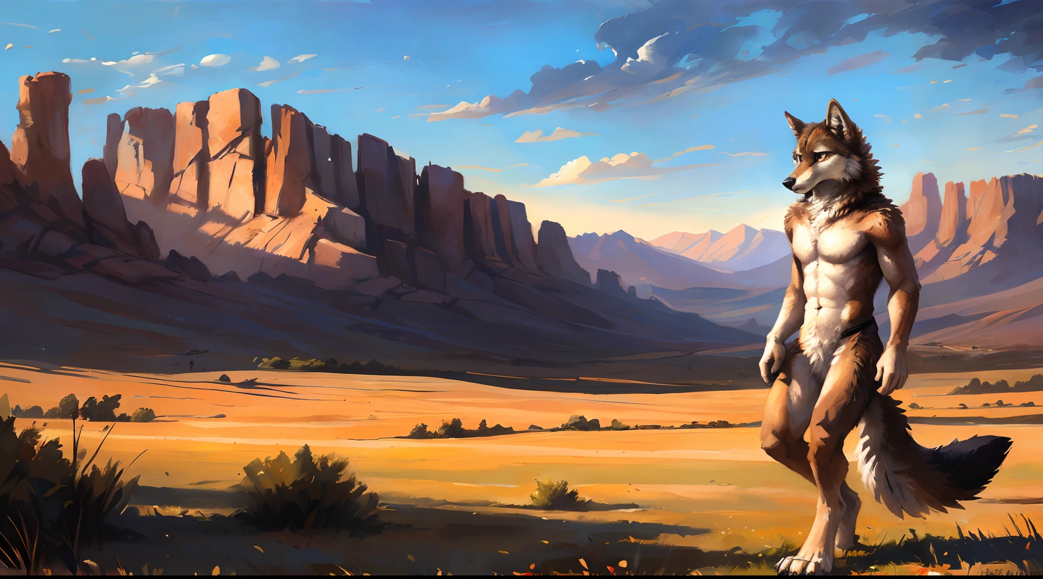 ((Solo)), male people, coyote, (Multi-colored fur, White-brown:1.3), ((Wolf face, White hair, Big eyes, White eyelids, Blue pupil, Slim:1.2) (Tough, Calm expression:1.2)), Abs, Slim, pinging)), (Correct anatomy), A big tail,Feet,longtorso,(Realistic fur, Detailed fur texture, labeled:1.3)), (Natural lighting), Photorealistic, Hyperrealistic, ultradetailed, by Kenket,Naked all over the body,Endless grasslands,Walking