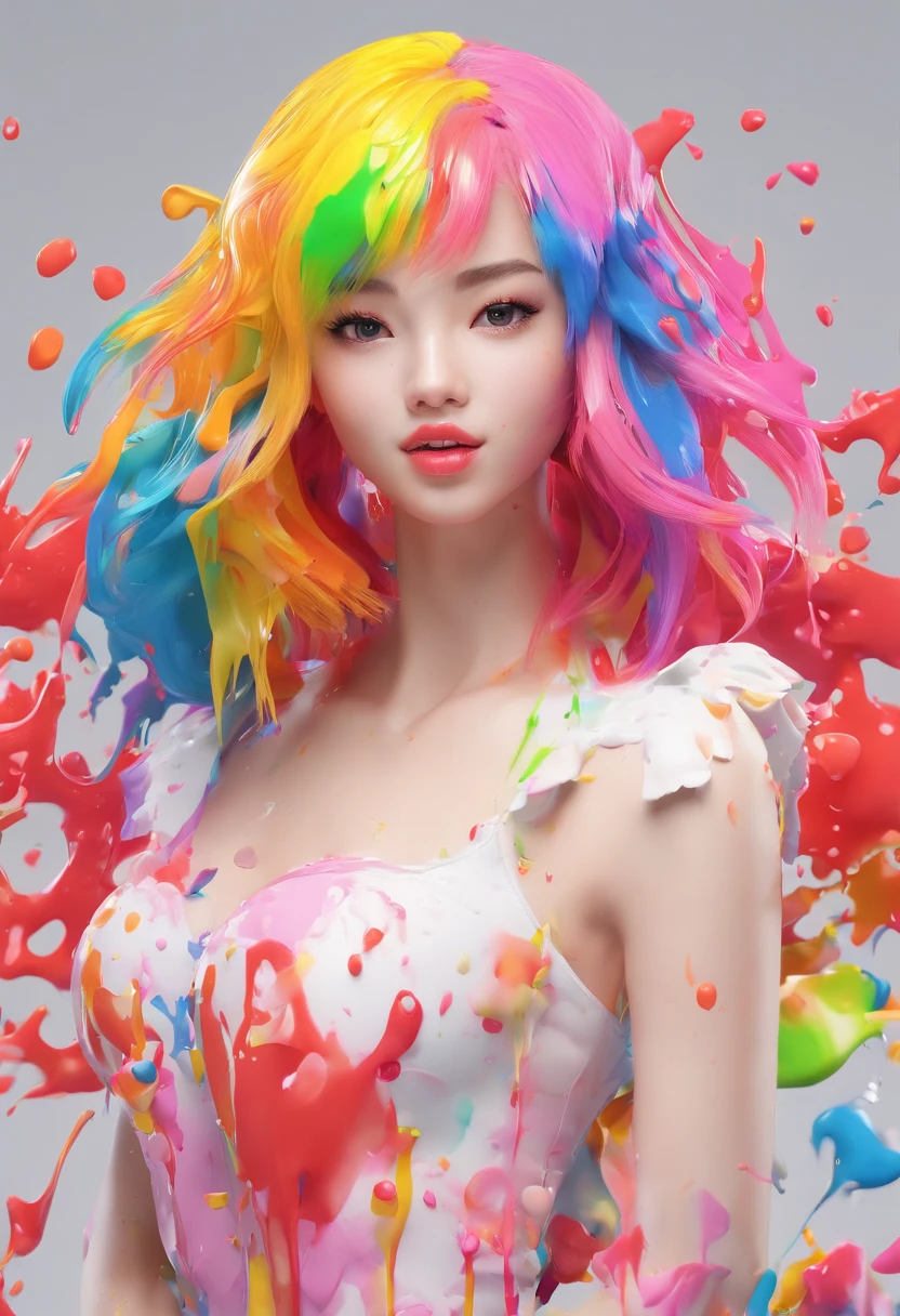 (Masterpiece, Best Quality, High Resolution), White Background, ((Paint Splash, Color Splash, Splash of Ink, Color Splash)), Sweet Chinese Girl, Rainbow Hair, Pink Lips, Front, Upper Body