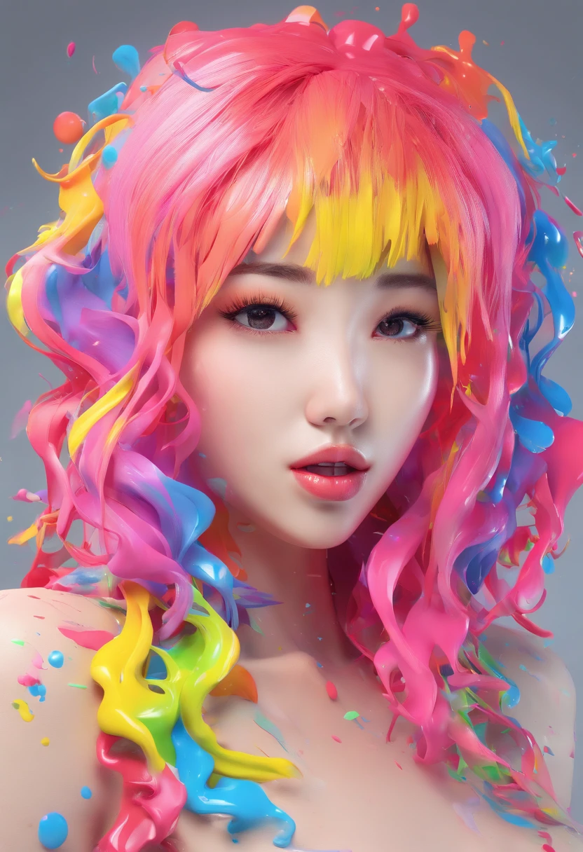 (Masterpiece, Best Quality, High Resolution), White Background, ((Paint Splash, Color Splash, Splash of Ink, Color Splash)), Sweet Chinese Girl, Rainbow Hair, Pink Lips, Front, Upper Body