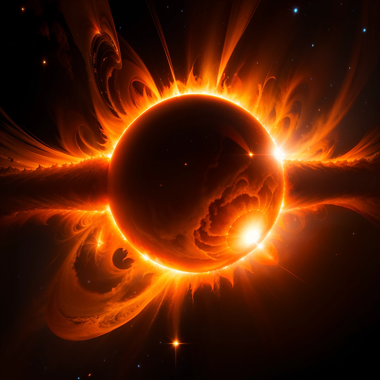 Solar flare explosion, Huge solar surface, The sun is especially big, Particularly clear, Solar corona , Beautiful, spectacular. Spectacular panoramas rendered in 3D, realisitic、Photoreal、Solar plasma