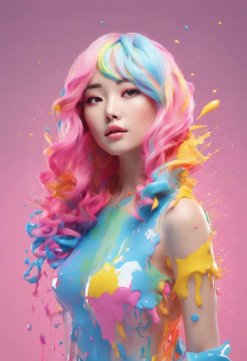 (Masterpiece, Best Quality, High Resolution), White Background, ((Paint Splash, Color Splash, Splash of Ink, Color Splash)), Sweet Chinese Girl, Rainbow Hair, Pink Lips, Front, Upper Body