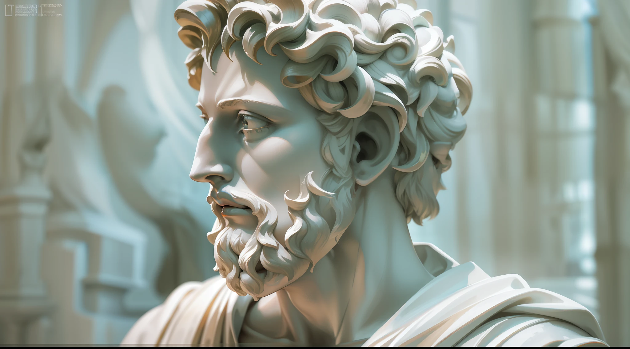 A realistic white Greek marble statue of Marcus Aurelius pensively detailed in a ghostly toga, fondo neutro, malhumorado, , fotorrealista, Cena de cine reflexiva, super detailed, hiperrealista, Luces brillantes, 8 mil