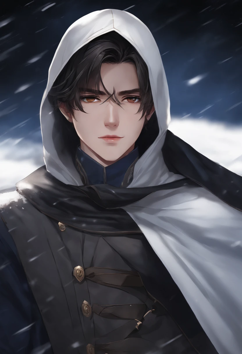 1 boy, shoulder-length dark brown hair, tied back, bangs are quite long, dark brown eyes, big black scarf, Black Dark blue American military uniform, Dark background, snow, looking at viewer, 8k, high res, masterpiece, ultrasharp, young, a bit dirt on face, tired eyes, emotionless face, 5'7 height, anime boy, white skin, Male,