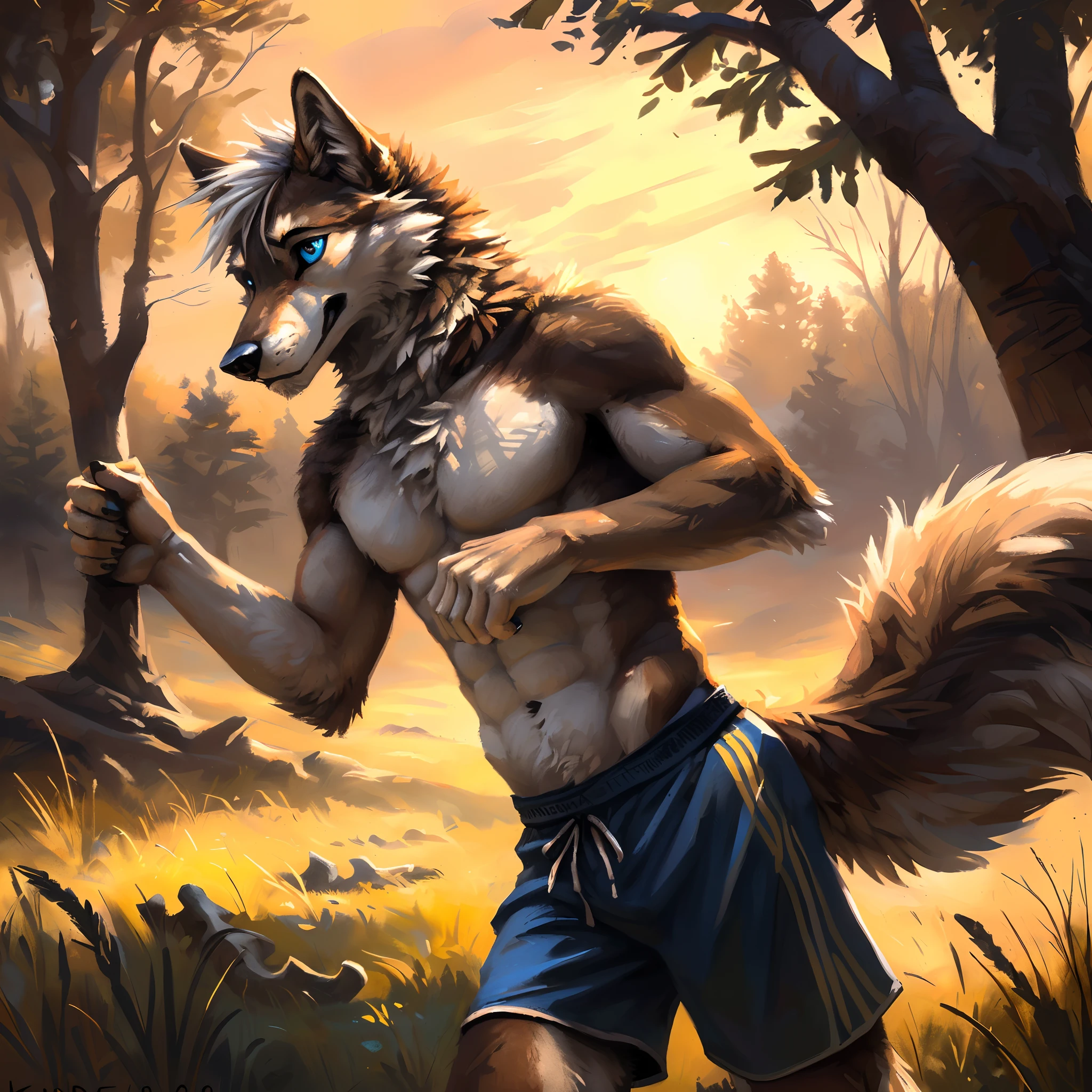 ((Solo)), male people, anthro wolf, (Multi-colored fur, White-brown:1.3), ((Wolf face, White hair, Big eyes, White eyelids, Blue pupil, Slim:1.2) (Tough, Calm expression:1.2)), Abs, Slim, pinging)), (Correct anatomy), (Work shorts:1.1), (Contour bone:1.2), The upper body is naked, (detailed outfits),A big tail，Feet，(Realistic fur, Detailed fur texture, labeled:1.3)), (Natural lighting), Photorealistic, Hyperrealistic, ultradetailed, by Kenket，Endless grasslands，No buildings，erect through