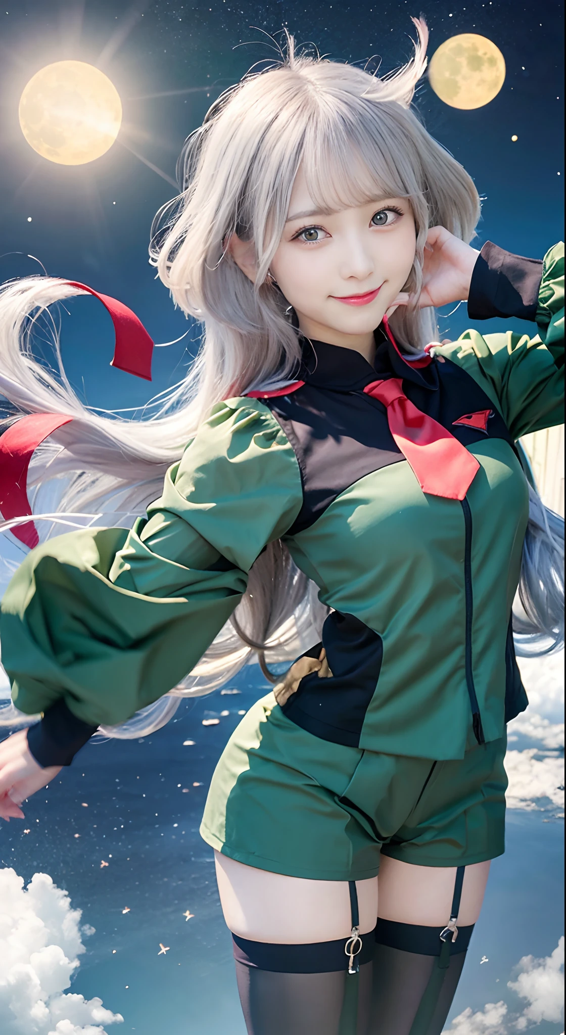 ​masterpiece、top-quality、Hi-Res、Myolin 1、Myolin Remblanc、Asticasia School Uniform、独奏、length hair、grey  eyes、white  hair、Ahoge、Legwear with seams、Green shorts、neck tie、bangss、hairs between eyes、Black pantyhose、long-sleeve、Green jacket、Floating hair、red necktie、mideum breasts、The upper part of the body、A smile。​​clouds、suns、(normal hands:1.4)