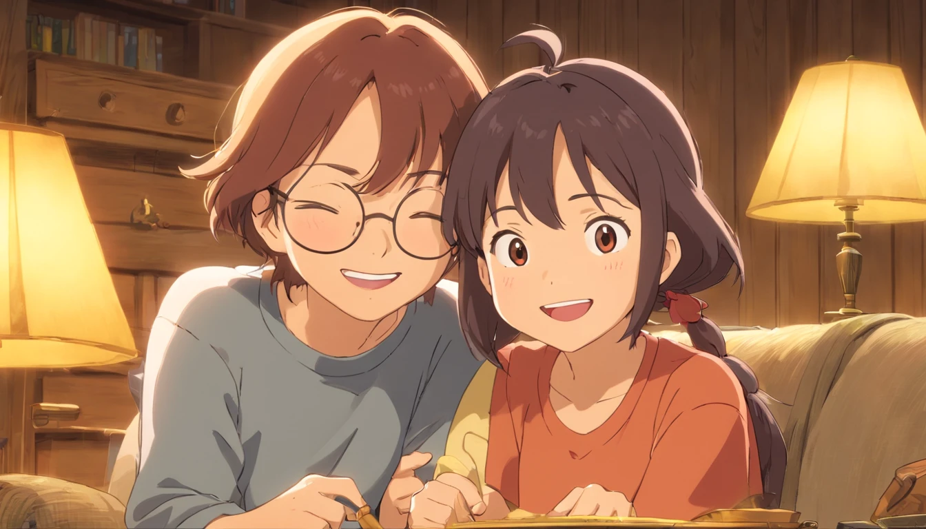 (best quality,4k,highres,masterpiece:1.2),ultra-detailed,realistic:1.37,funny,candid,joyful,portrait,indoor,multigenerational,comfortable living room,soft lighting,colorful,two happy people,relaxed,laughter,shared happiness,close bond,warm atmosphere,cozy environment,close-up,smiling faces,cousins,enjoying each other's company,genuine emotions,chuckles and giggles,expressive eyes,friendly interaction,beautiful moments,bright colors,blissful time,positive energy,glowing with happiness,unbreakable bond,precious memories
