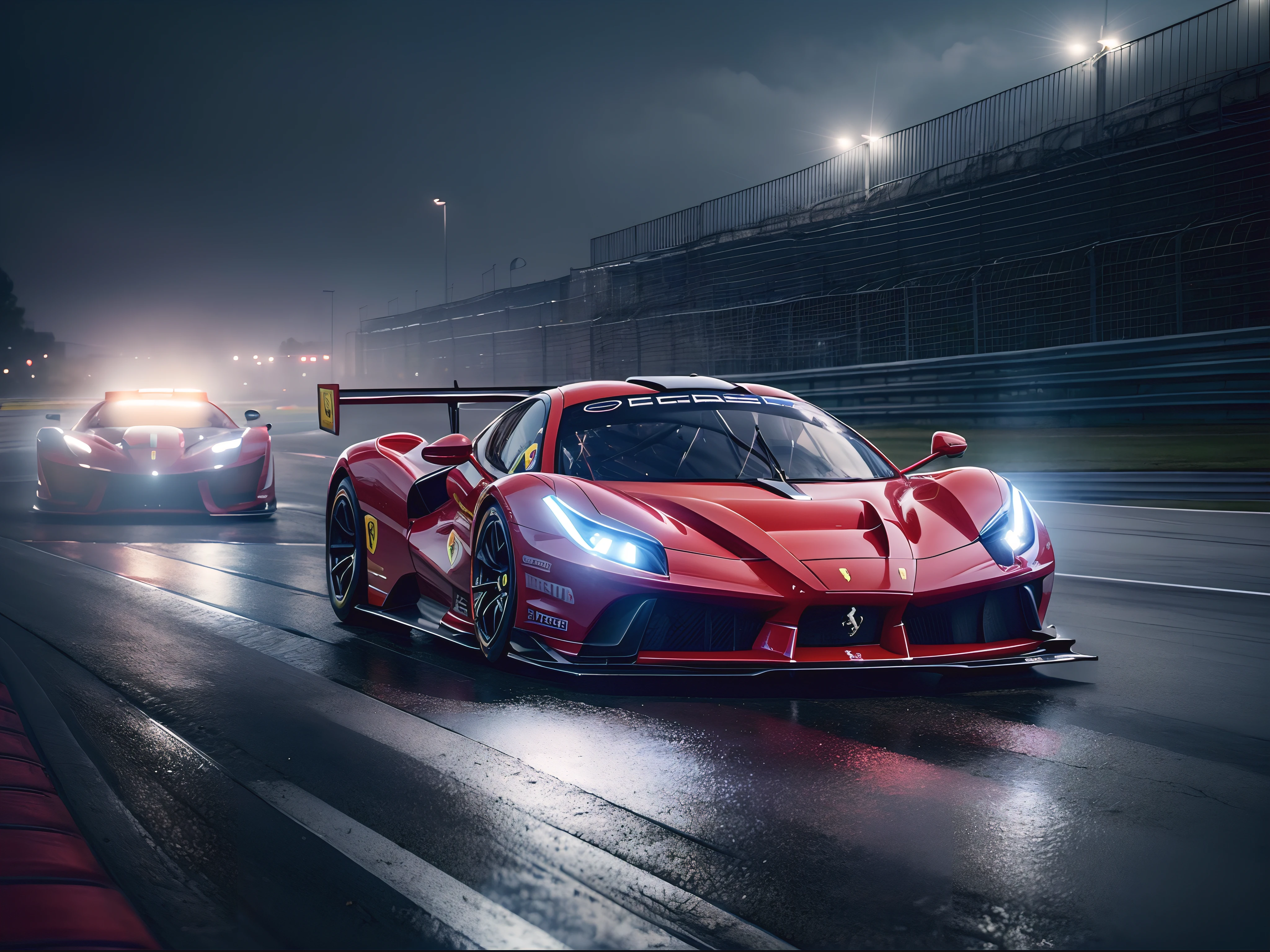 arafed image of a (ferrari hypercar:1.4), (8k, RAW photo, best quality, masterpiece:1.2), (realistic, photo-realistic:1.37), (full body:1.3) (detailed), (highres), ultra realistic, hyperrealistic, high detail RAW color photo of (ferrari hypercar:1.4), high angle shot front view ferrari hypercar driving on a race track, stormy weather, (wet:1.2), (water dust:1.2), 8k uhd, high quality, motion blur, depth blur, cinematic, filmic image 4k, vibrant color, (reflections),(ferrari) race car,(race car:1.4),(endurance race car:1.4),at night, lights, High Detail, Sharp focus, (photorealism), realistic, best quality, 8k, award winning, dramatic lighting, epic, cinematic, masterpiece, rim light, ambient fog:1.3, dutch angle, depth of field,8k uhd, high quality, motion blur, depth blur, cinematic, filmic image 4k, vibrant color, (reflections),spoiler, GT3 race car, WEC endurance cars,rollcage,sponsors,livery, sponsored livery,lights turned on,motion blur,closeup,commercial photography