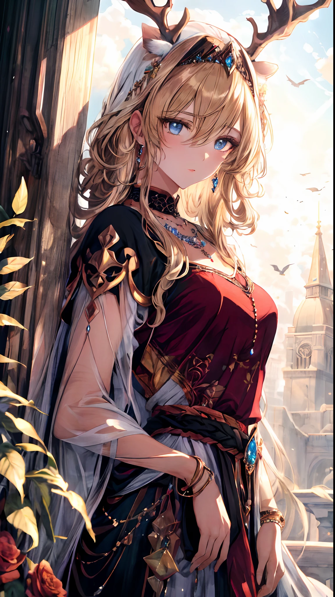 (Best quality, 4K, 8K, A high resolution, Masterpiece:1.2), Ultra-detailed, Noble maiden, Exquisite facial features，Long blonde curly hair details expressed, Graceful posture, Dreamy atmosphere, expressive brush strokes, mystical ambiance, Artistic interpretation,Delicately coiled hair，Floral jewelry with exquisite details, Crystal diamond jewelry，Small fresh aesthetics，Stunning intricate costumes, Fantasy illustration, Subtle colors and tones, The details have been upgraded