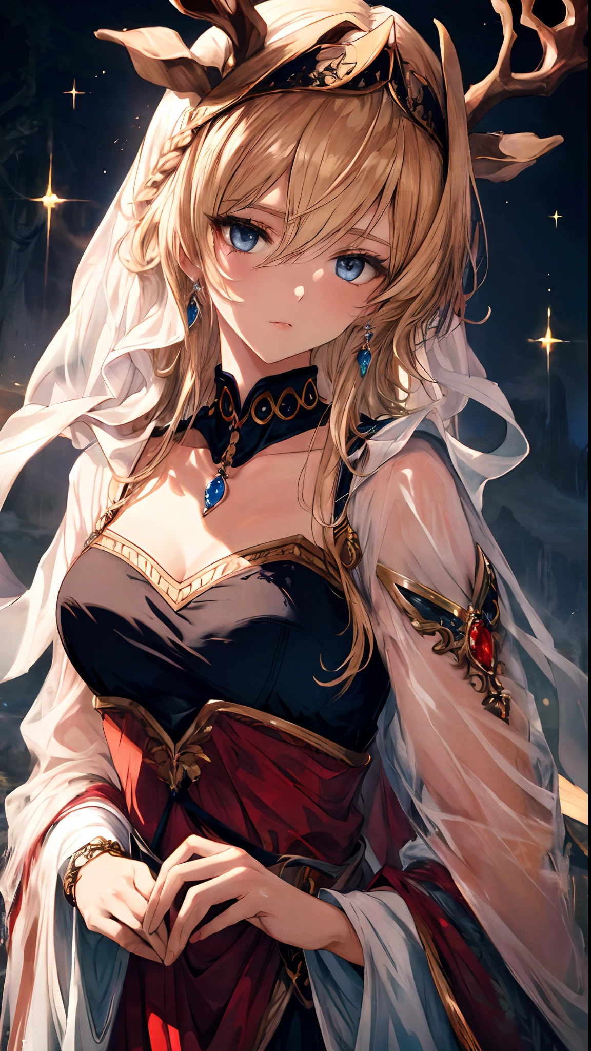 (Best quality, 4K, 8K, A high resolution, Masterpiece:1.2), Ultra-detailed, Noble maiden, Exquisite facial features,Long blonde curly hair details expressed, Graceful posture, Dreamy atmosphere, expressive brush strokes, mystical ambiance, Artistic interpretation,Delicately coiled hair,Floral jewelry with exquisite details, Crystal diamond jewelry,Small fresh aesthetics,Stunning intricate costumes, Fantasy illustration, Subtle colors and tones, The details have been upgraded