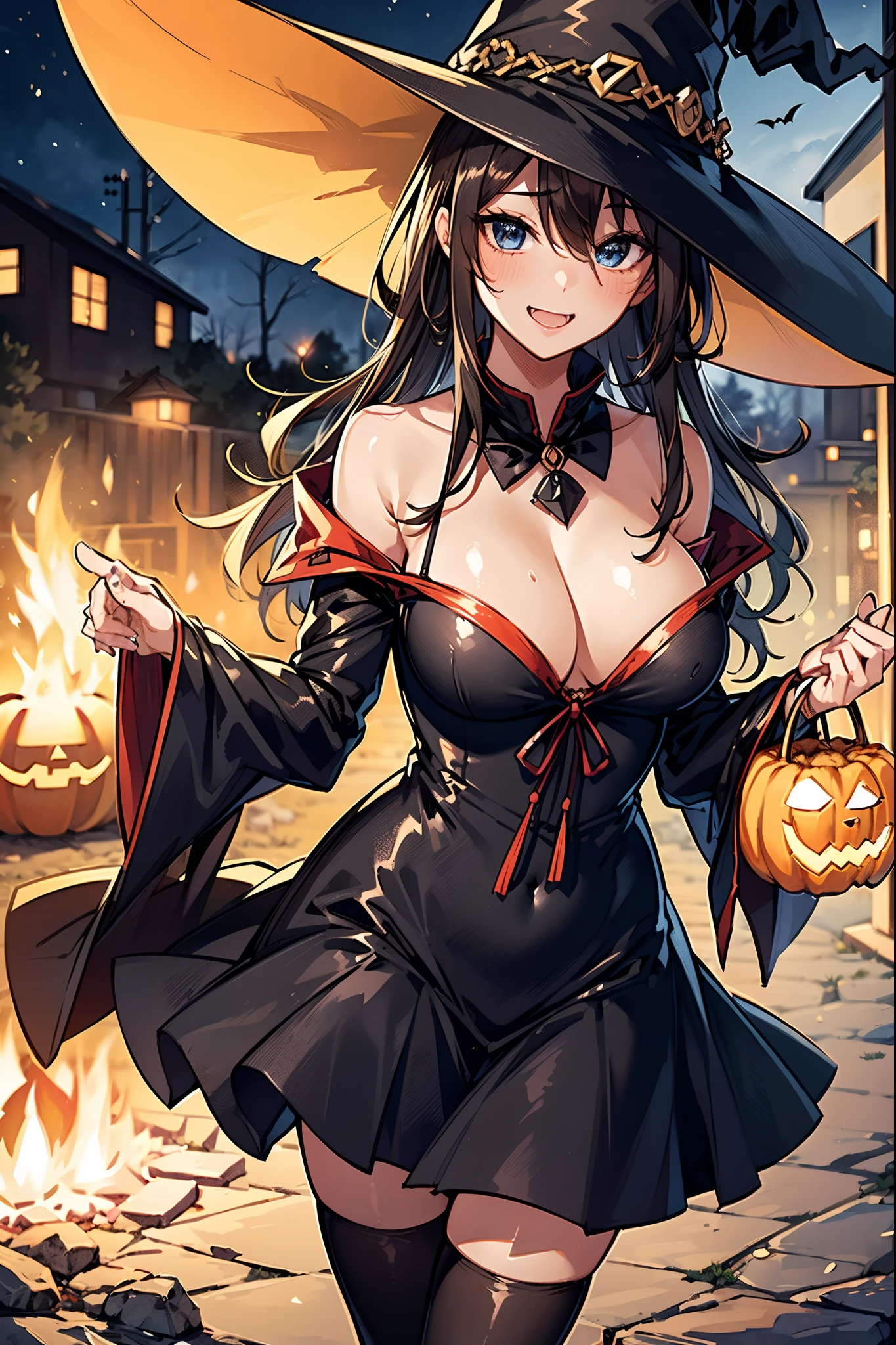 2 cute anime girls (walking in front of a bonfire), (Girls, pair:1.2), cozy wallpaper, anime moe artstyle, kantai collection style, 4 k manga wallpaper, anime visual of a cute girl, anime wallaper, anime style 4 k, trick or treat, halloween, Jack O lantern, (high detailed witch outfits:1.2, robe, witch's pointing hats), vampire costume, ((dark chestnut medium short hair:1.25, updo, wavy hair)), outdoor, in a park, (blurry background, bokeh), sunset, (in a night:1.2), ((ultra high resolution, 8K RAW photo, photo realistics:1.2)), textile shading, fine detailed face, beautiful detailed eyes, (looking away, happy laughing), (correct anatomy:1.5), (dynamic angle, wide shot:1.3),