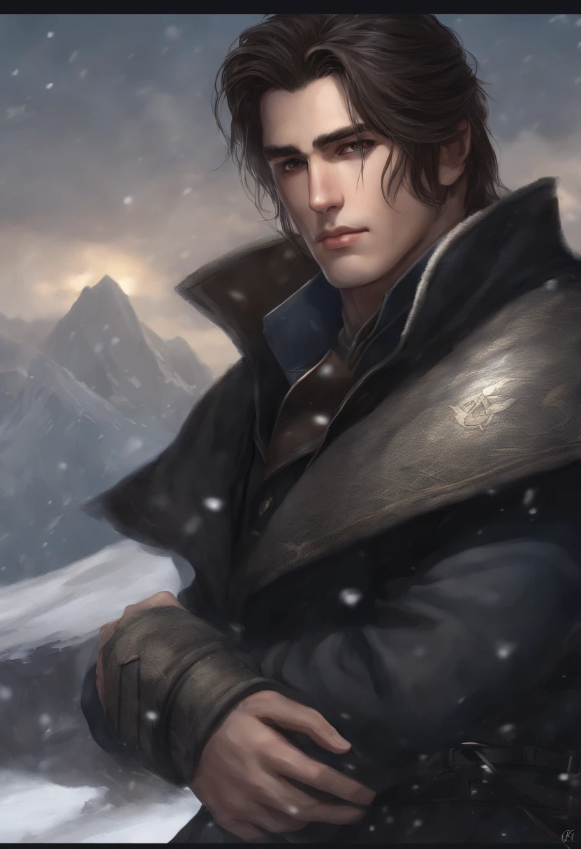 1 male, 30 years old, no beard, shoulder-length dark brown hair, hair tied back, bangs are quite long, dark brown eyes, big black scarf, Black Dark blue American military uniform, tired eyes, emotionless face, 5'7 height, anime boy, white skin, Male, Dark background, snow, looking at viewer, 8k, high res, masterpiece, ultrasharp, young.
