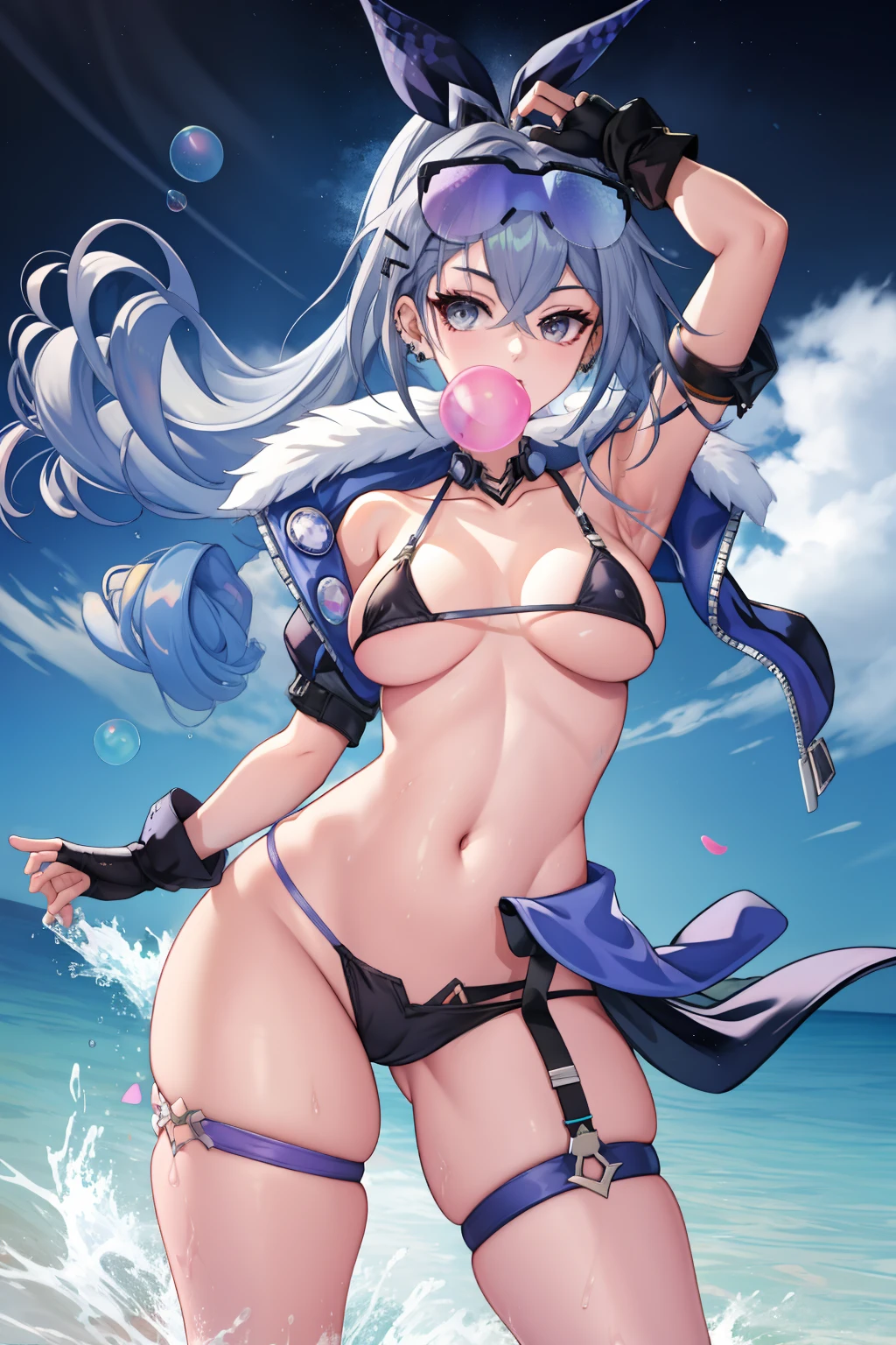 masterpiece, best quality, SilverwolfV5, 1girl, solo, looking at viewer, hair ornament, gloves, navel, cleavage, jewelry, medium breasts, hair ribbon, thighs, earrings, choker, black gloves, hairclip, midriff, fingerless gloves, armpits, stomach, thigh strap, sunglasses, fishnets, eyewear on head, micro bikini, bubble blowing, chewing gum,