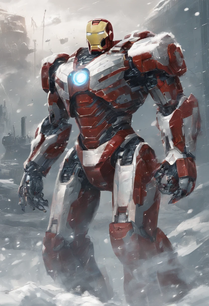 Ironman fighting an army of robots on a snowy battlefield, corpo inteiro, longe, AB JLEE3, Detalhes faciais intrincados para todos os personagens, olhos, Nariz e boca expressivos, un-zoom, por Jim Lee, perfil direito, centrado, chave visual, intrincado, altamente detalhado, impressionante, linear, preciso, vibrante, cinemactic, Panoramic