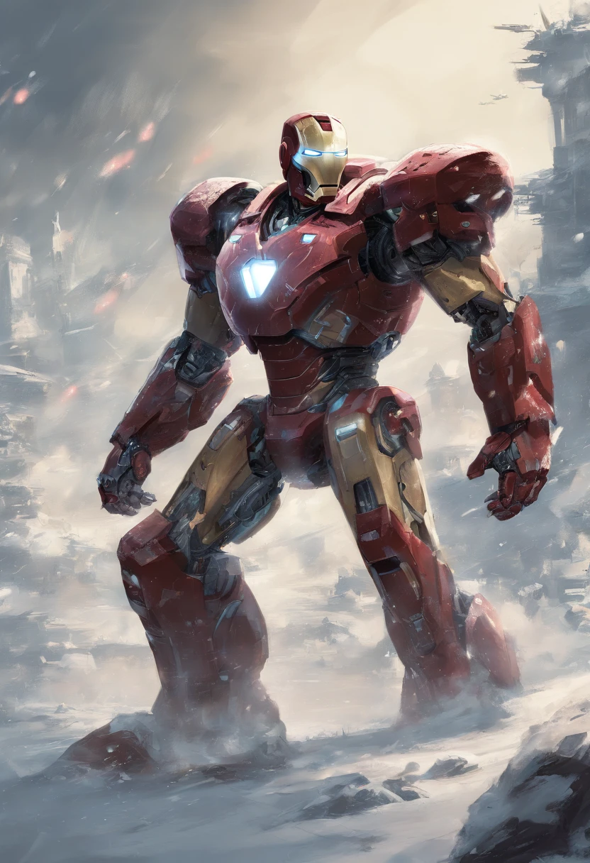 Ironman fighting an army of robots on a snowy battlefield, corpo inteiro, longe, AB JLEE3, Detalhes faciais intrincados para todos os personagens, olhos, Nariz e boca expressivos, un-zoom, por Jim Lee, perfil direito, centrado, chave visual, intrincado, altamente detalhado, impressionante, linear, preciso, vibrante, cinemactic, Panoramic