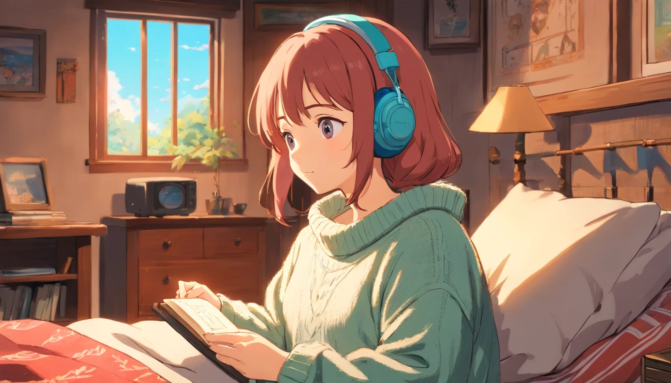 A detailed anime girl,wearing a large sweater,wearing headband headphones,(lofi:1.1),(tranquil:1.1),(quiet vibes:1.1),chilling,in her bedroom