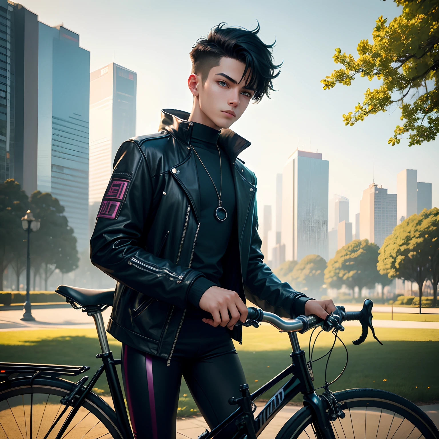 "An 18-year-old boy, impeccably dressed in cyberpunk attire, rides his futuristic bicycle through a park on a perfect, sunny day. His eyes are wide open, absorbing the stunning blend of nature and technology around him. Describe this unique scene."