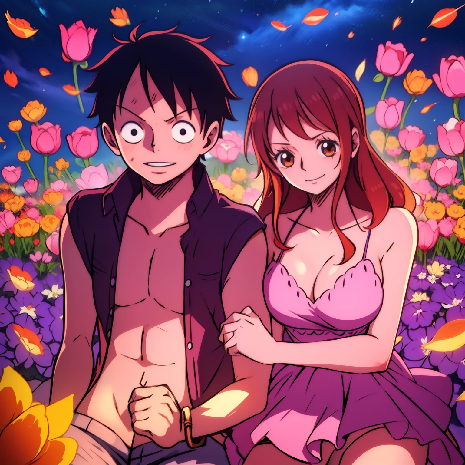 Nami, monkey d luffy, couple ,Lovey Dovey,, , ,, 1boy+1GIRL, couple, subrealist, sky , tulipan, nighte, psychedelic