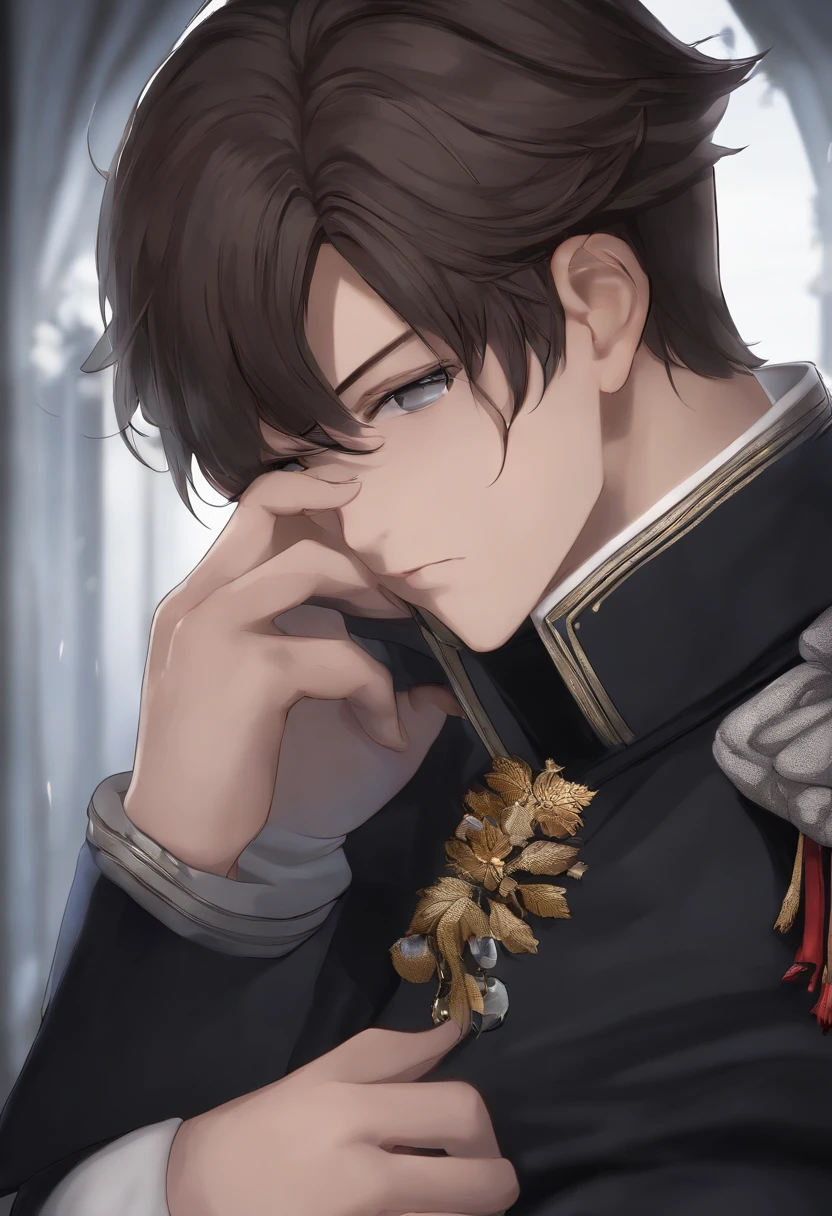1 femboy, no beard, shoulder-length dark brown hair, hair tied back, bangs are quite long, dark brown eyes, big black scarf, Black Dark blue American military uniform, tired eyes, emotionless face, 5'7 height, anime boy, white skin, Male, Dark background, snow, looking at viewer, 8k, high res, masterpiece, ultrasharp, young