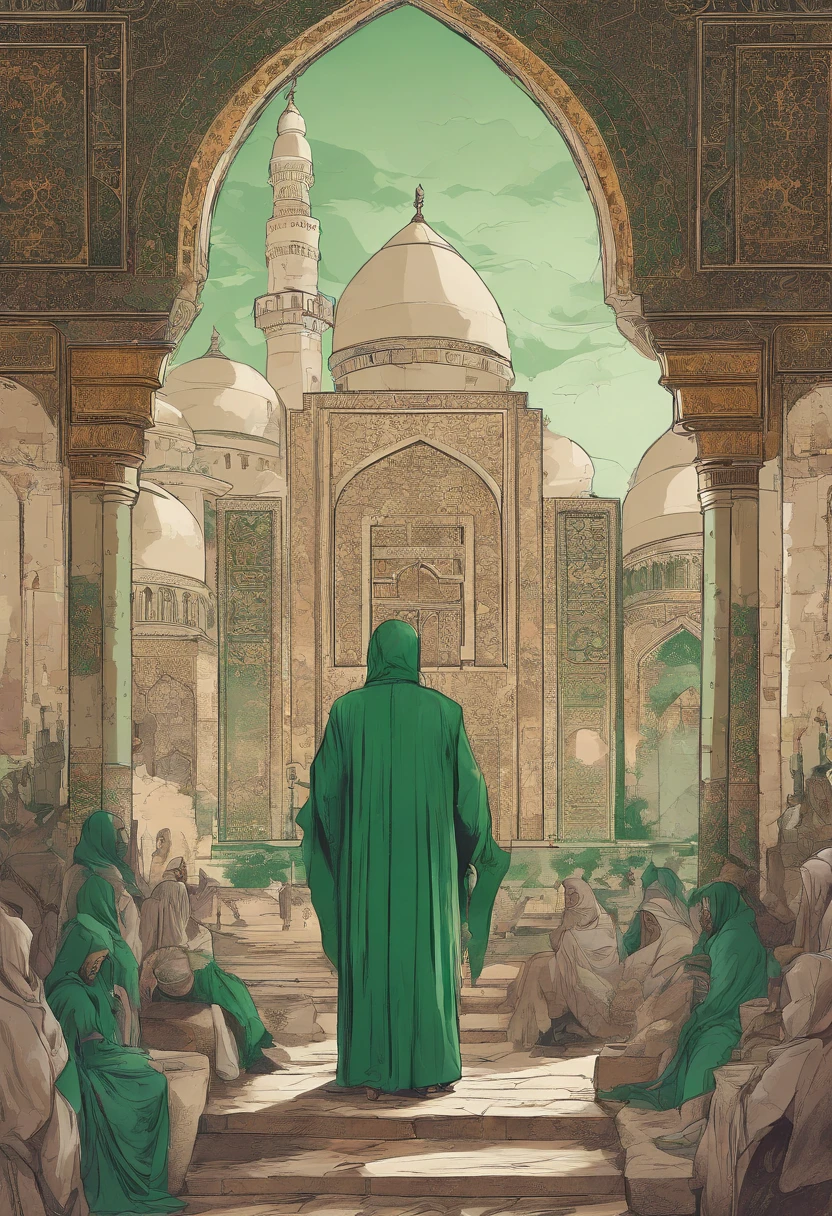 An arabian man with green robe standing on a rock opening his hands and telling parables in a crowd, mosque, 1400 years ago, Islamic elements, extremely detailed