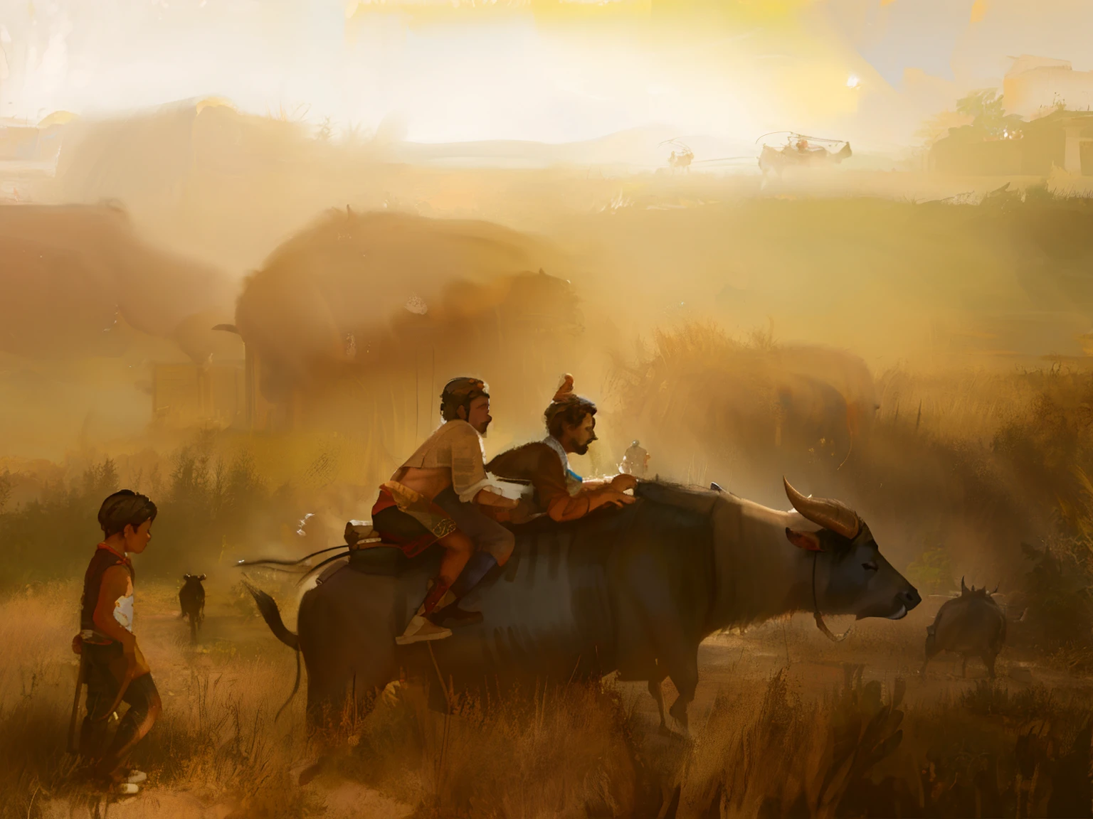 two boys riding on the back of a water buffalo, hog rider, painting, ultra realistic, 8k